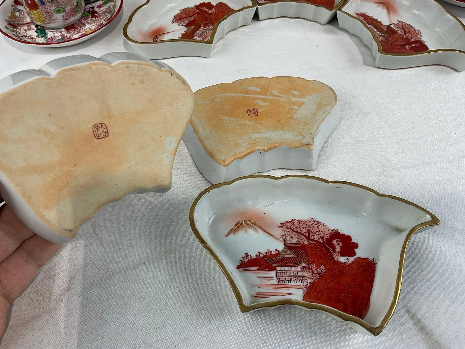 Japanese Hand-Painted Porcelain Chocolate Pot, 6 saucers & 3 cups & 6 piece Segmented Relish Set - 3