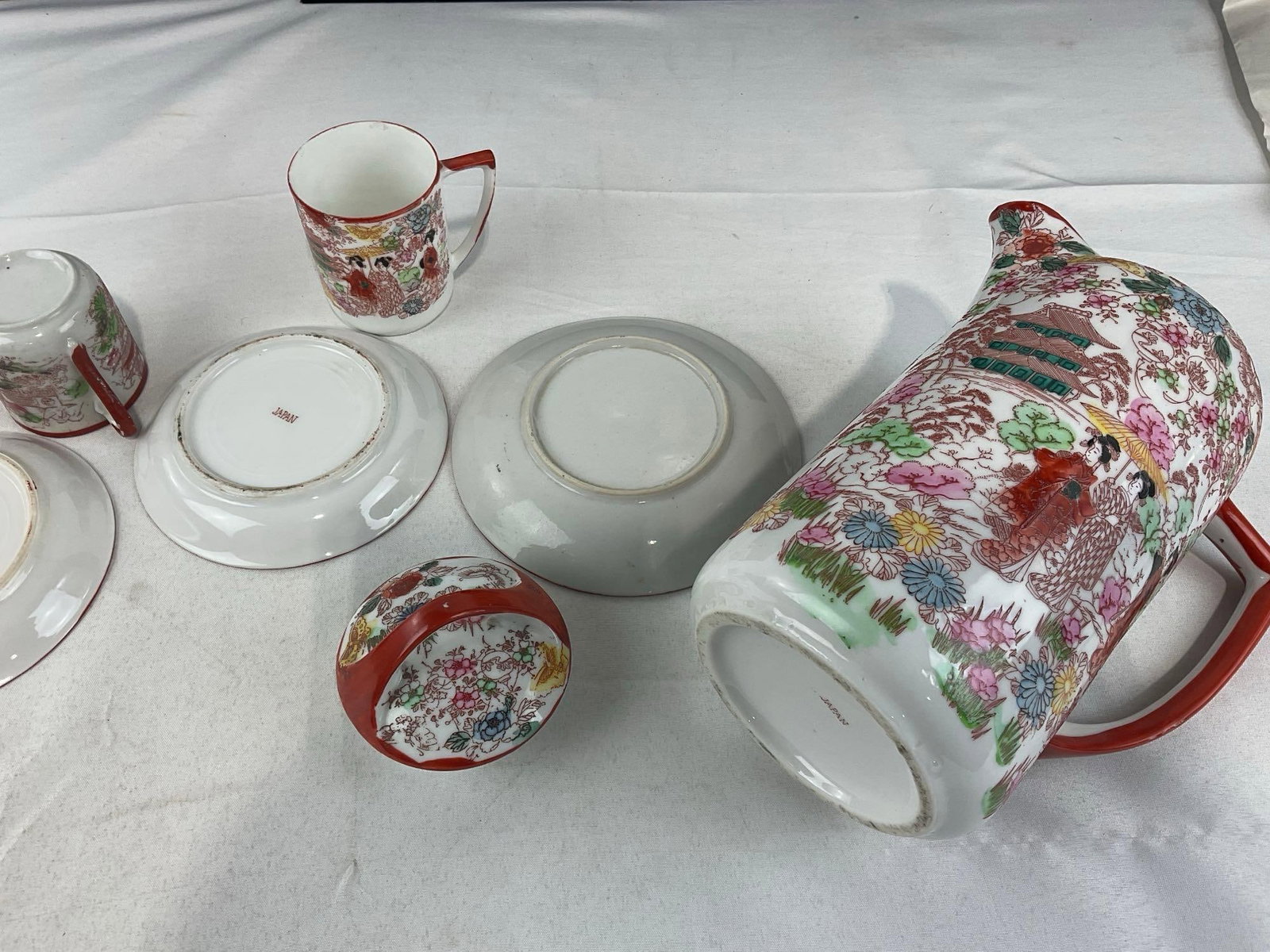 Japanese Hand-Painted Porcelain Chocolate Pot, 6 saucers & 3 cups & 6 piece Segmented Relish Set - 5