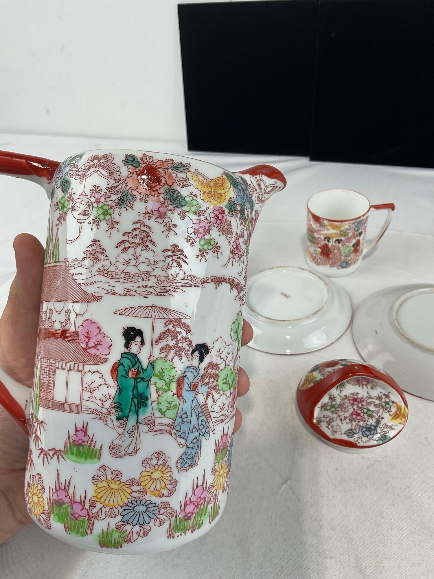 Japanese Hand-Painted Porcelain Chocolate Pot, 6 saucers & 3 cups & 6 piece Segmented Relish Set - 6