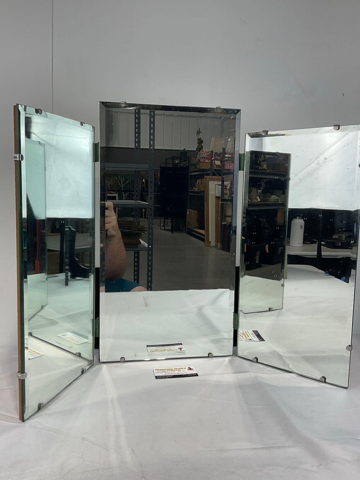 Vintage 1957? 3 Panel Tri-Fold Segmented Vanity Mirror, Heavy Old Style Green Glass: See pics for condition. Measures approx 23h x 13w x 4d inches. E-6610