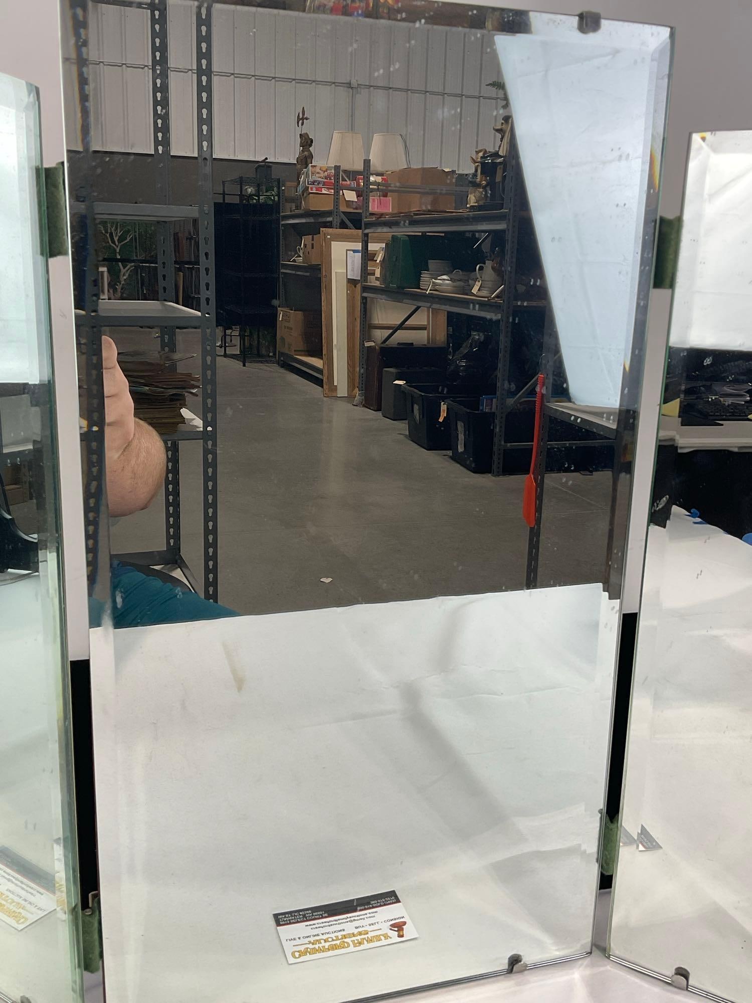 Vintage 1957? 3 Panel Tri-Fold Segmented Vanity Mirror, Heavy Old Style Green Glass - 3