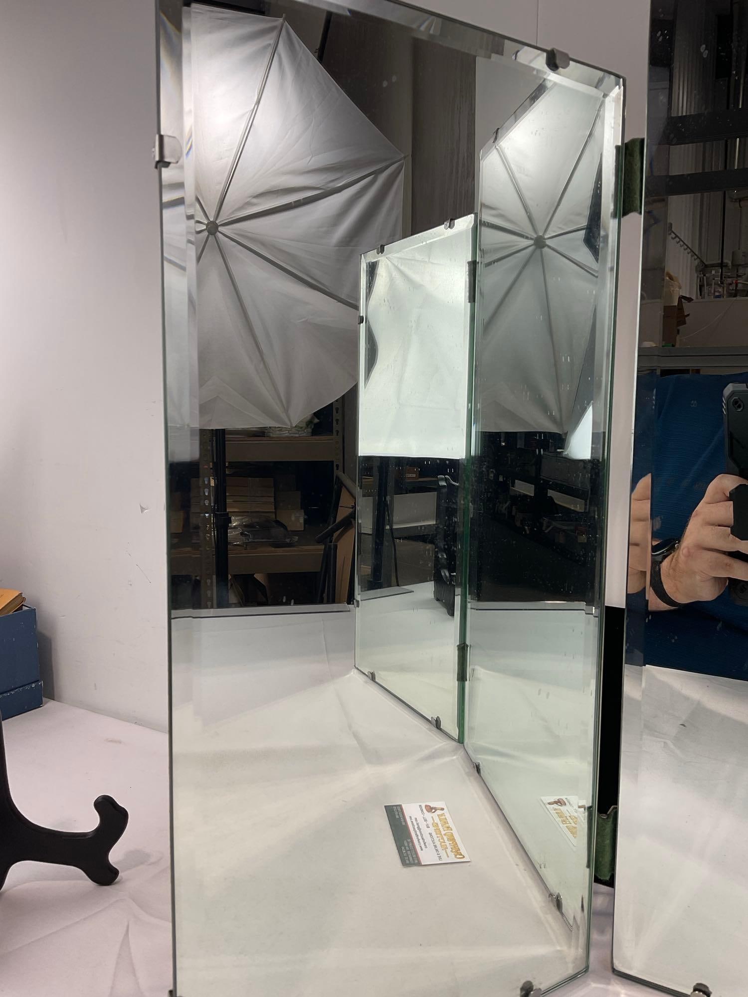 Vintage 1957? 3 Panel Tri-Fold Segmented Vanity Mirror, Heavy Old Style Green Glass - 4
