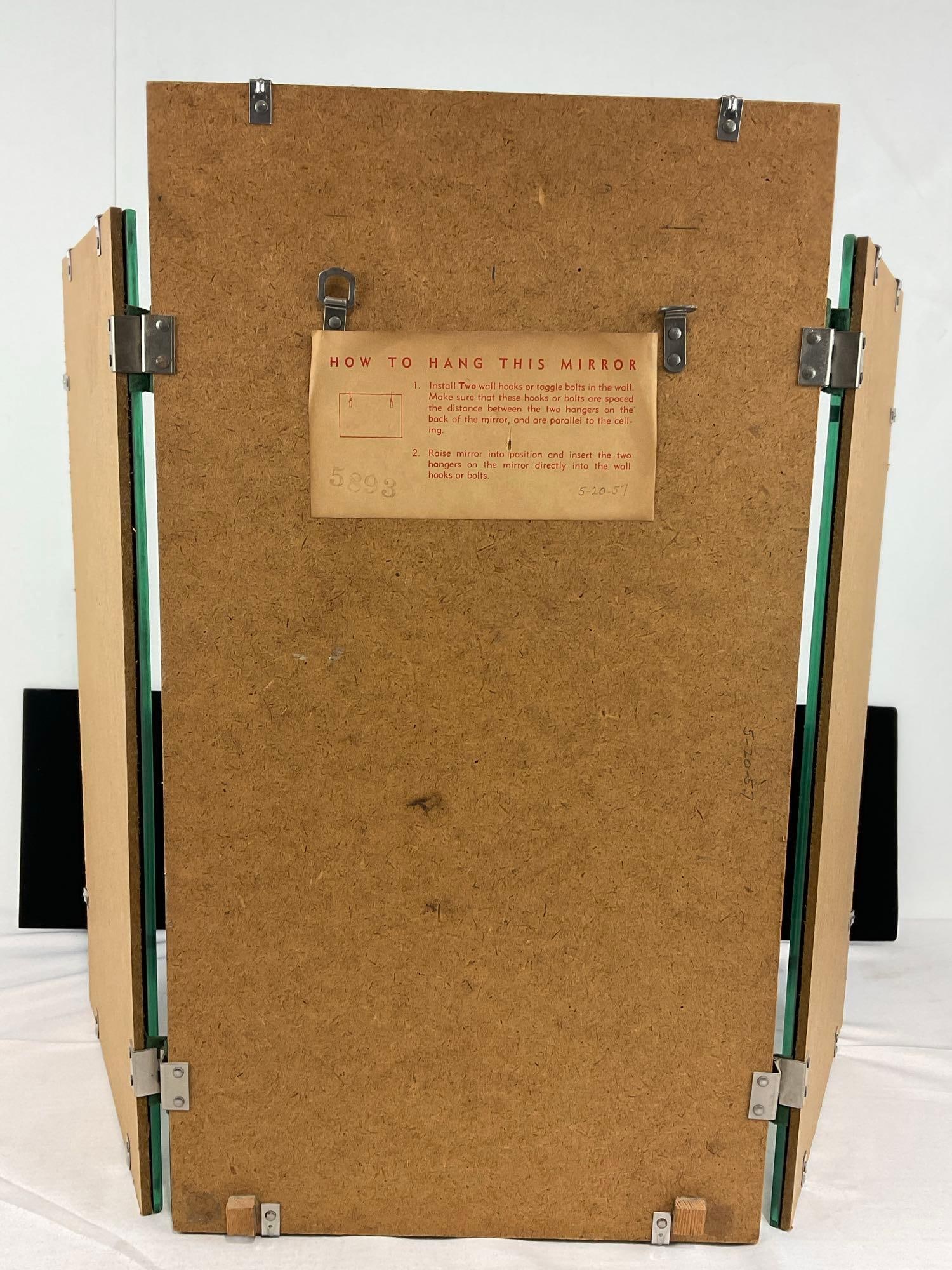 Vintage 1957? 3 Panel Tri-Fold Segmented Vanity Mirror, Heavy Old Style Green Glass - 5