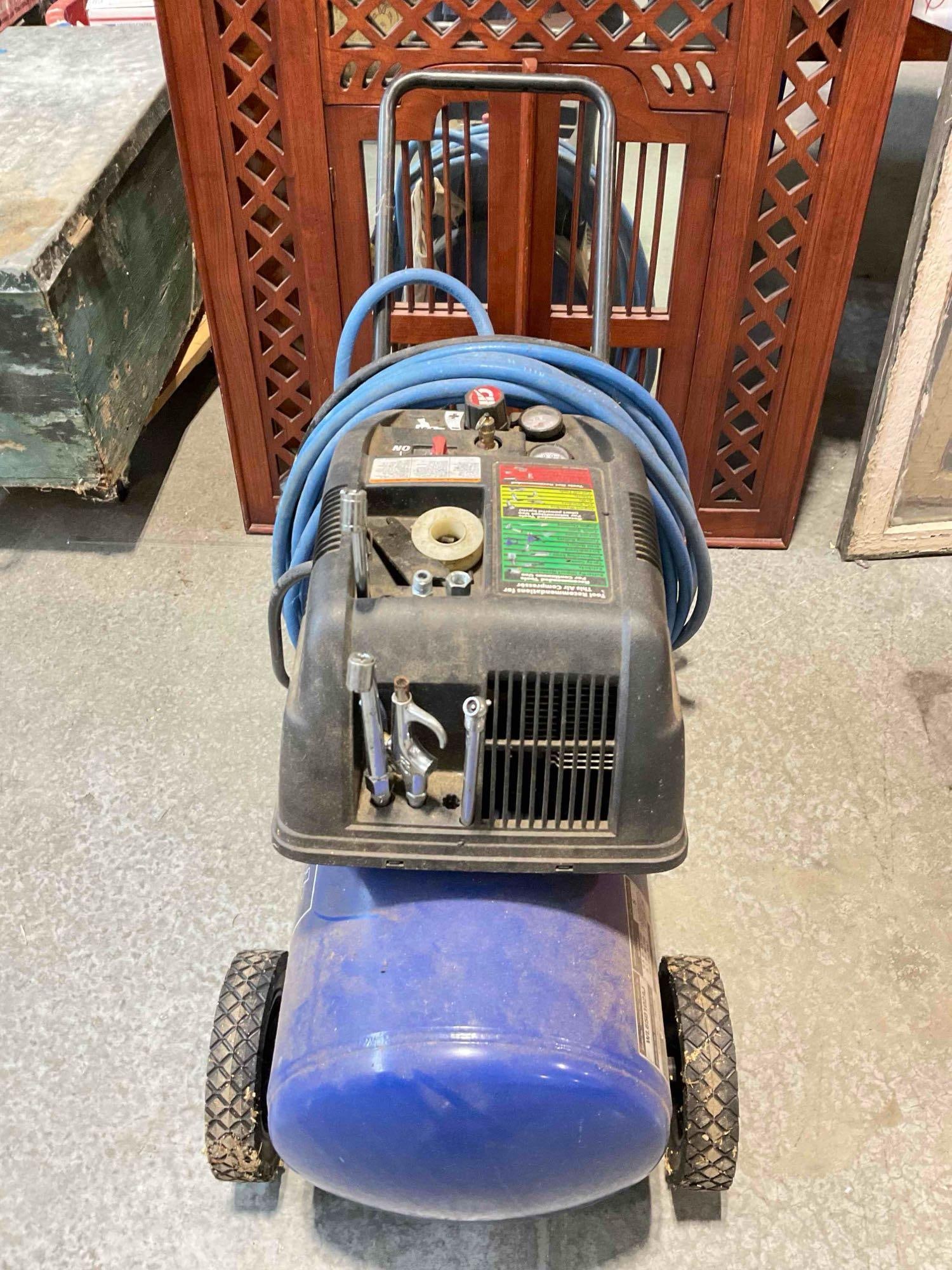 Campbell Hausfeld 5 HP Air Compressor Model WL650102AJ. Working Last Season. See pics.: Campbell Hausfeld 5 HP Air Compressor Model WL650102AJ. Working Last Season. Working at consignor's, may require servicing. Piece has wear and grime indicative of age and use, see photos for condition