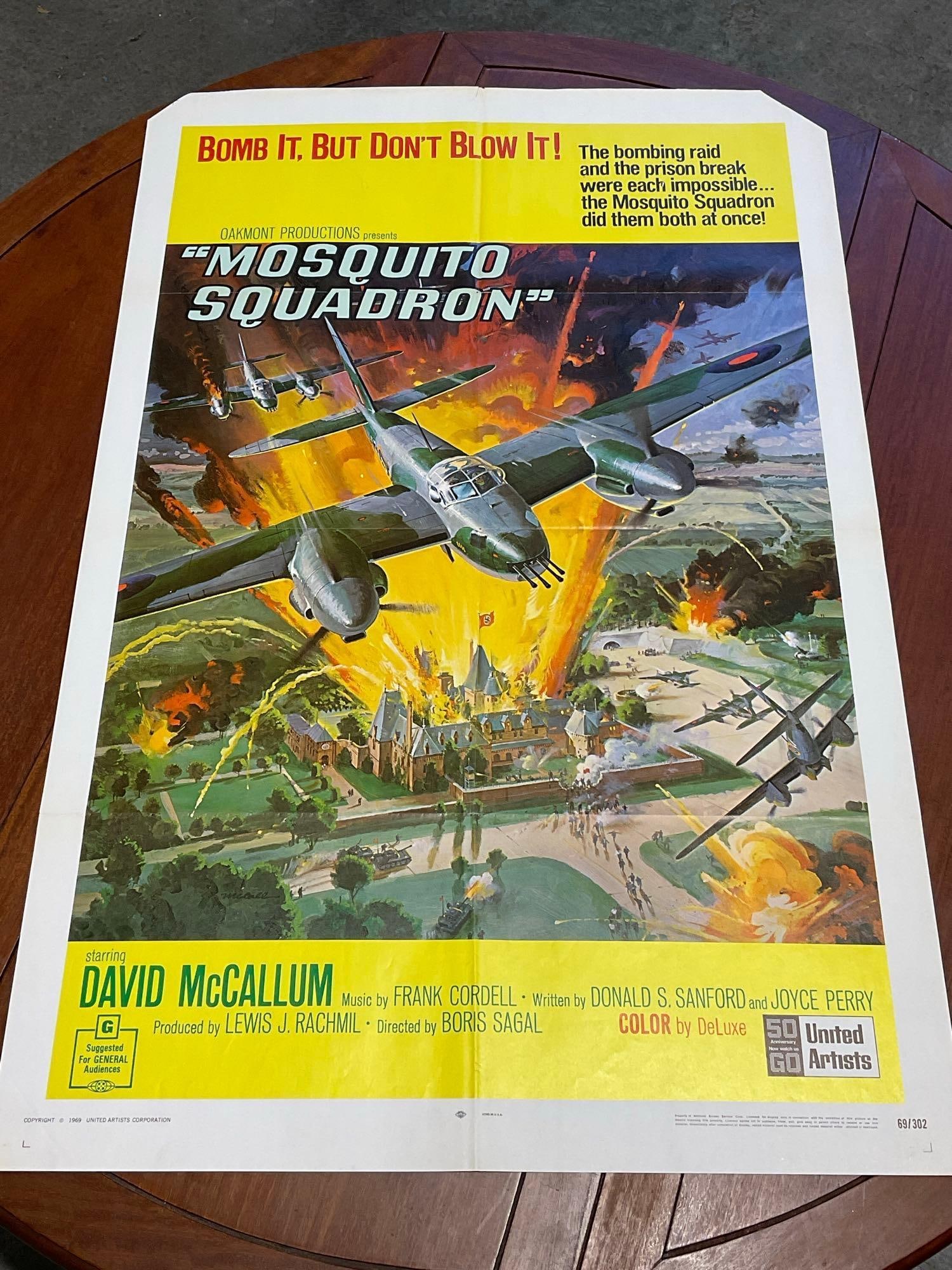 Vintage One Sheet Movie Poster, 1969 Mosquito Squadron, Bombing Run image on Yellow: Vintage posters are in as is condition, consistent with age, see pics for condition. Some wear along the fold marks. Top two corners missing. The poster measures approx 41h x 27w x 1d