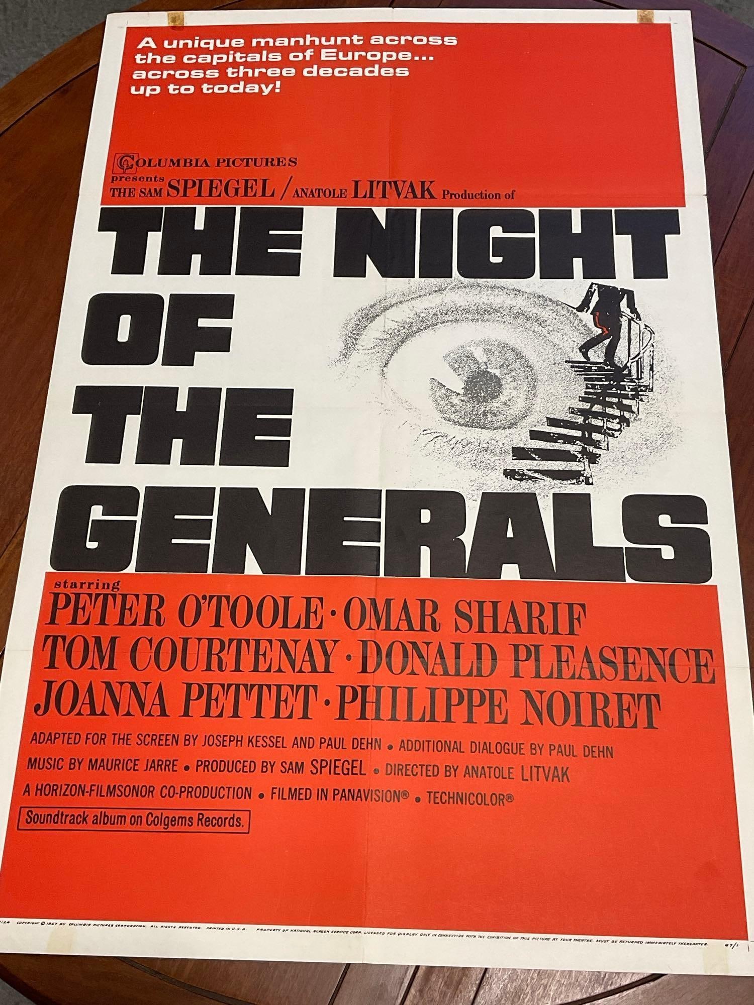 Vintage One Sheet Movie Poster, 1967 Duo Tone The Night of the Generals, Peter O Toole, Omar Sharif: Similar to the next piece, same movie, this one made in 1967. Marked 67-1. Vintage posters are in as is condition, consistent with age, see pics for condition. Some wear along the fold marks,