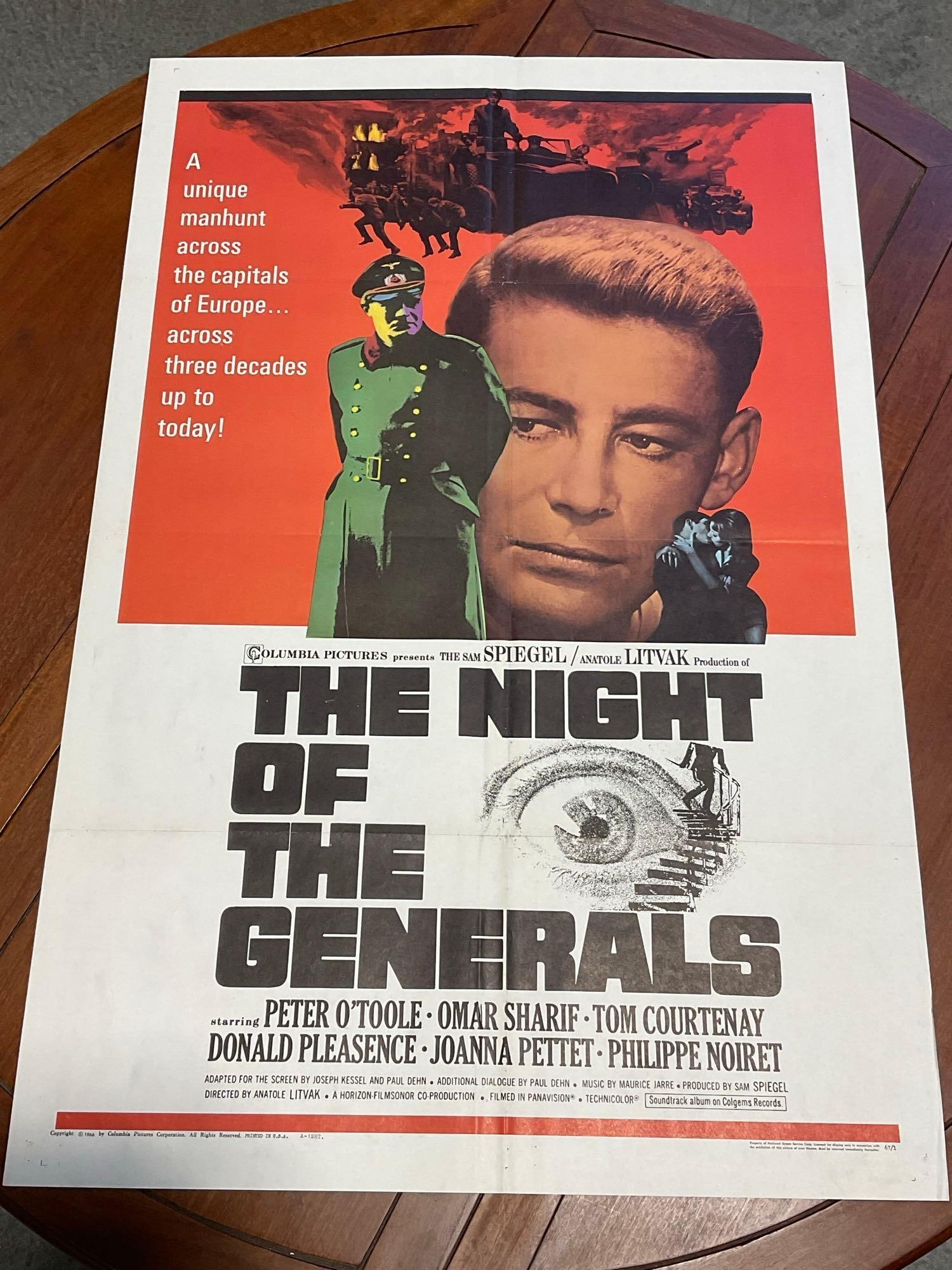Vintage One Sheet Movie Poster, Style A, Night of the Generals, Images on Red Background: Similar to the last piece, same movie, this one made in 1966. Marked 67/1. Vintage posters are in as is condition, consistent with age, see pics for condition. The poster measures approx 41h x