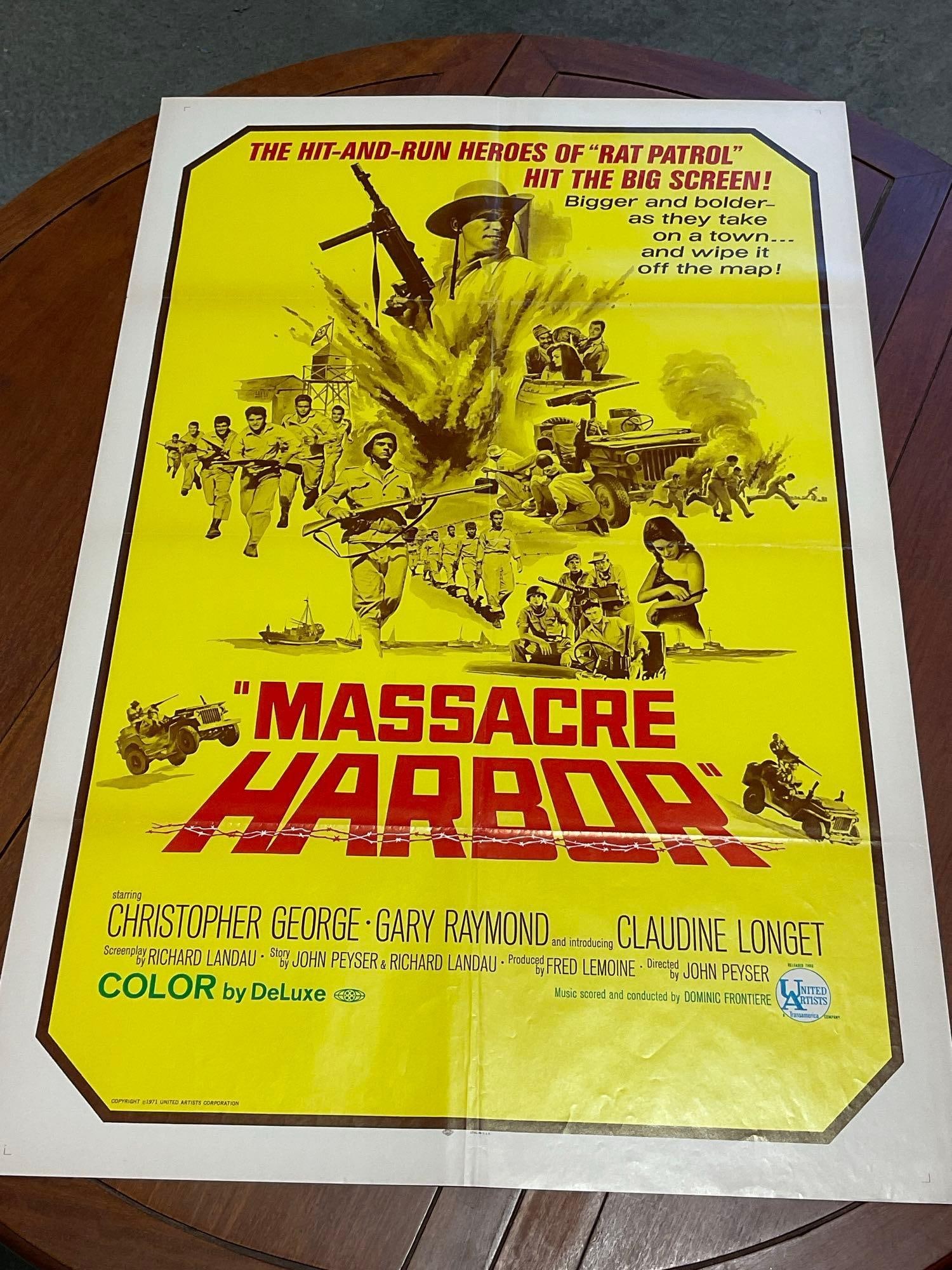 Vintage One Sheet Movie Poster, 1971 Massacre Harbor, Stylized soldiers on Yellow background: Vintage posters are in as is condition, consistent with age, see pics for condition. Some wear along the fold marks. The poster measures approx 41h x 27w x 1d inches when laid flat. E-6640