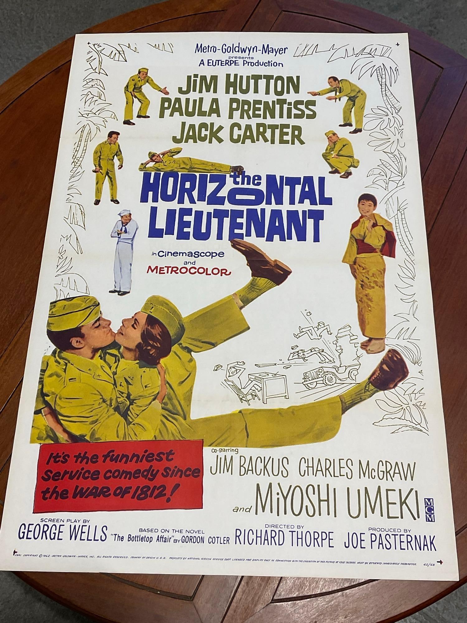 Vintage One Sheet Movie Poster 1962 Horizontal Lieutenant, Jim Hutton, Paula Prentiss, & Jack Car...: Marked 62/68. Vintage posters are in as is condition, consistent with age, see pics for condition. Some discoloration on the original fold marks. Some wear along the fold marks. The poster measures