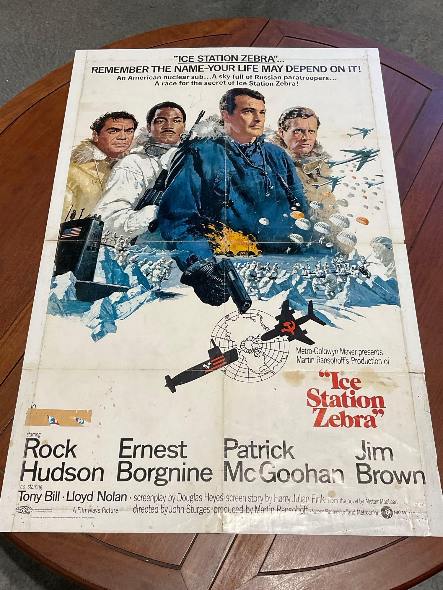 Vintage One Sheet Movie Poster, 1968 Ice Station Zebra, Cold War Soldiers in Icy Scene: Vintage posters are in as is condition, consistent with age, see pics for condition. Some discoloration, especially on the bottom quarter, and along the fold marks. Some pinholes, tears & mor