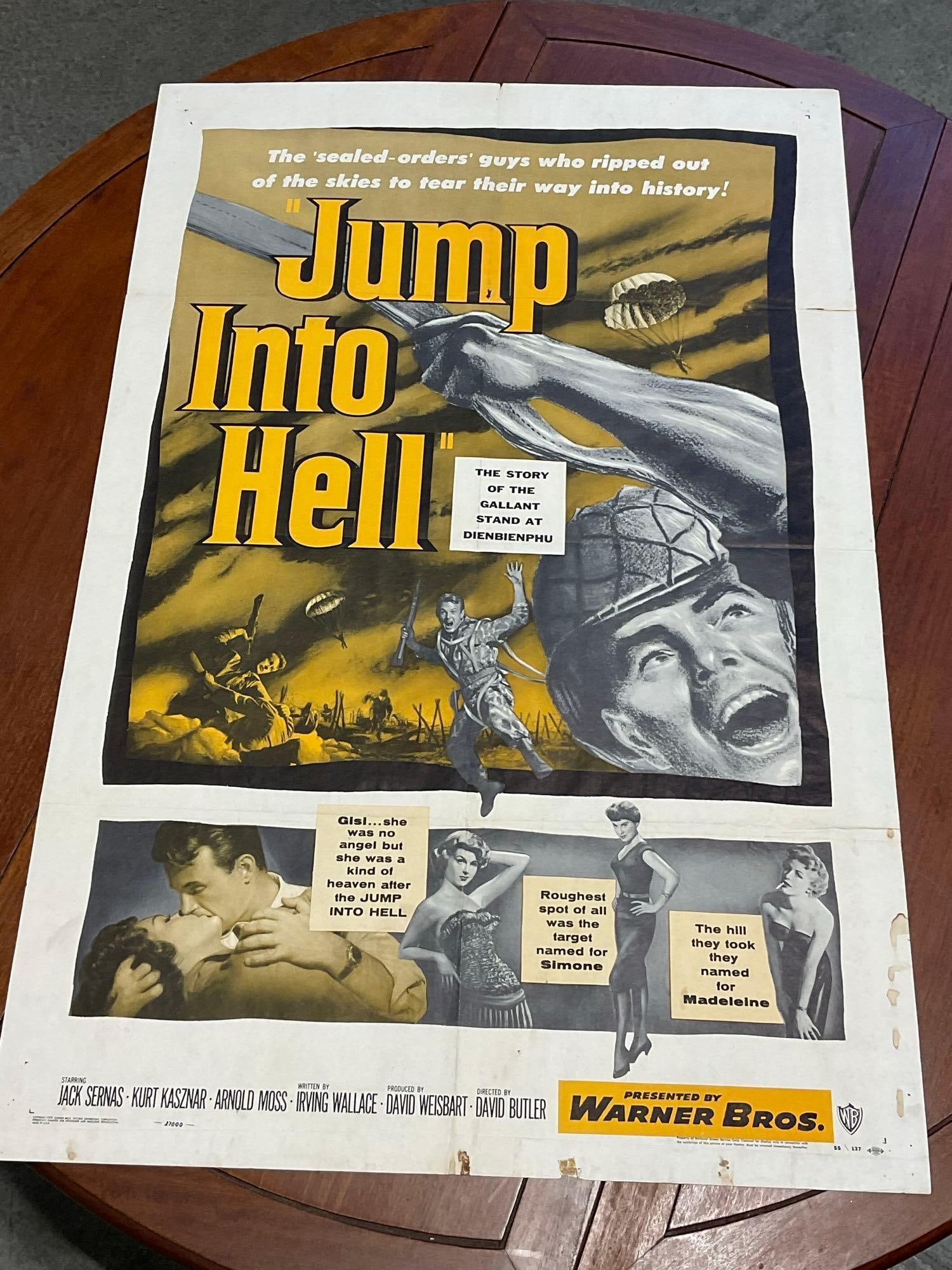 Vintage One Sheet Movie Poster, 1955 Jump Into Hell, Yellow/Black/White Illustration: Vintage posters are in as is condition, consistent with age, see pics for condition. Some wear along the fold marks. Some discoloration along the back of the piece, which shows on the bottom of