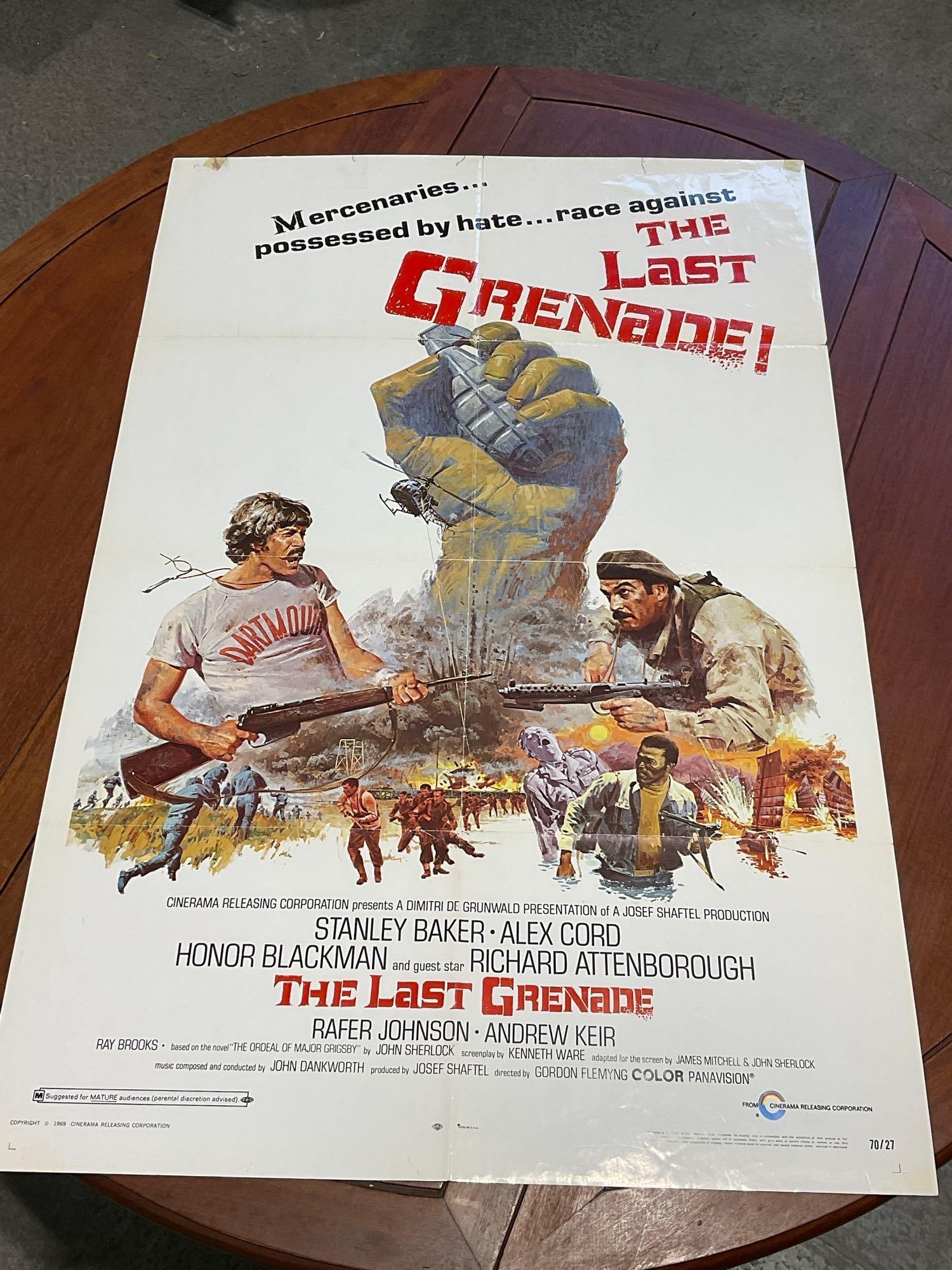 Vintage One Sheet Movie Poster, 1969 The Last Grenade, Mercenaries stylized on white background: Vintage posters are in as is condition, consistent with age, see pics for condition. Some tape residue and discoloration on the top quarter. Some roughness around the edge as well. The poster