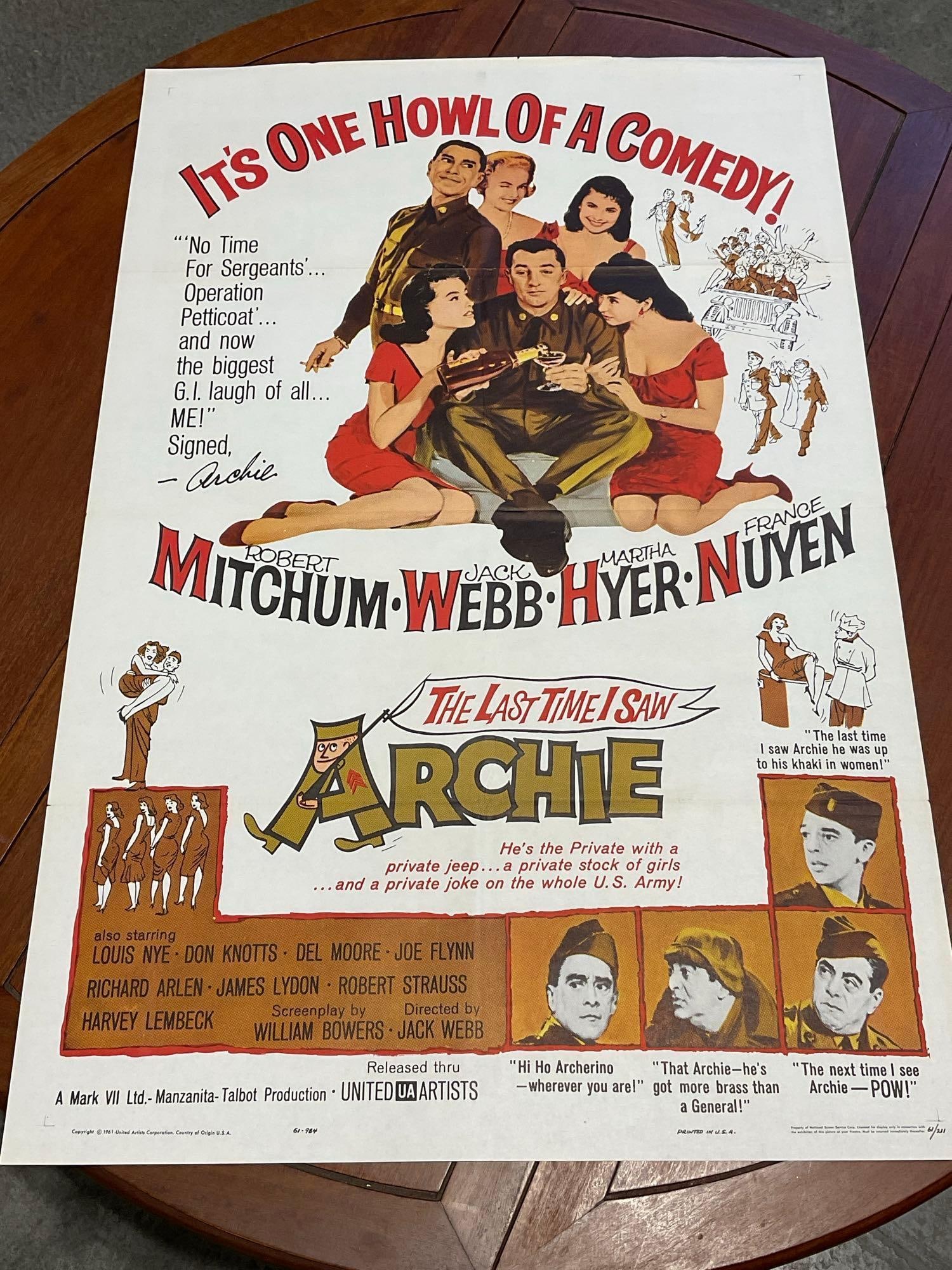 Vintage One Sheet Movie Poster 1961 The Last Time I Saw Archie, B&W, Ochre & Red: Marked 61/211. Vintage posters are in as is condition, consistent with age, see pics for condition. Some wear along the fold marks. The poster measures approx 41h x 27w x 1d inches when laid