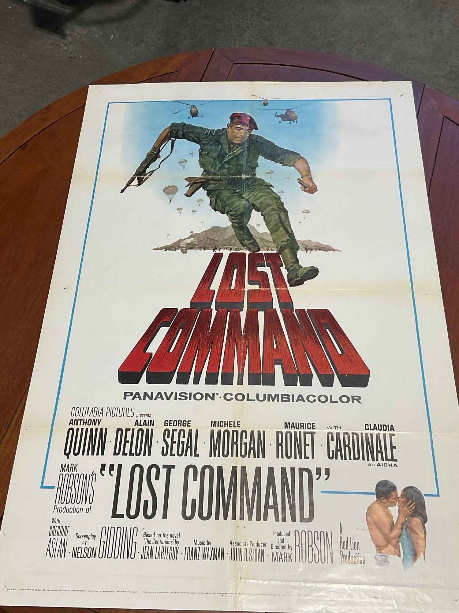 Vintage One Sheet Movie Poster, 1966 Lost Command, w/title in red, Soldier running: Marked 66/190. Vintage posters are in as is condition, consistent with age, see pics for condition. Some wear along the fold marks. Several pin holes near the bottom, especially near the edges