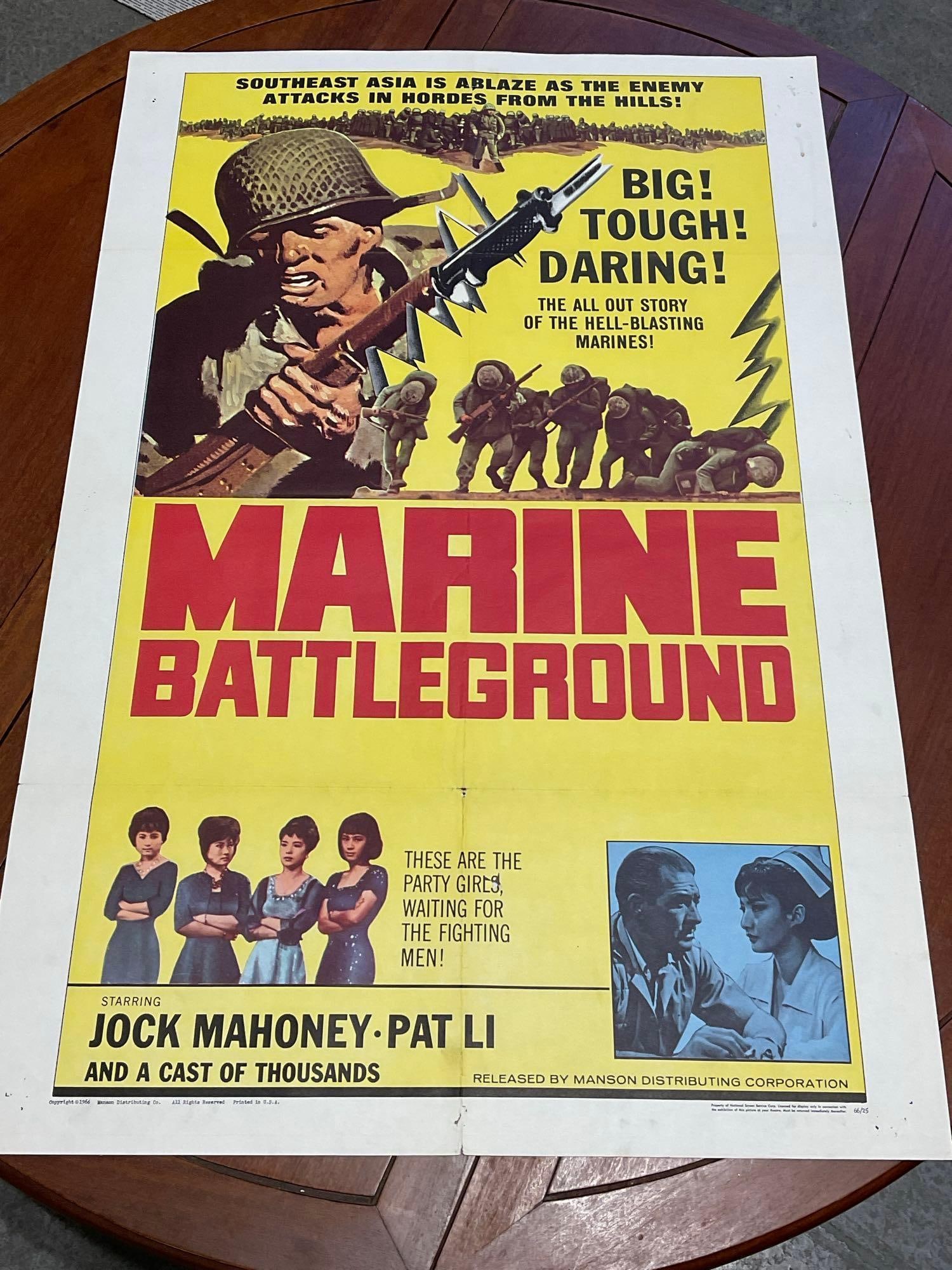 Vintage One Sheet Movie Poster, 1966 Marine Battleground, Soldiers & Red Text on Yellow Background: Vintage posters are in as is condition, consistent with age, see pics for condition. The poster measures approx 41h x 27w x 1d inches when laid flat. E-6640
