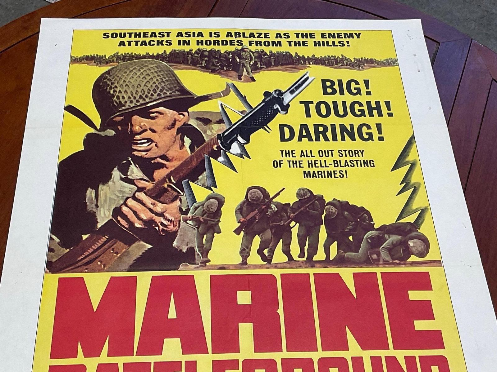 Vintage One Sheet Movie Poster, 1966 Marine Battleground, Soldiers & Red Text on Yellow Background - 2