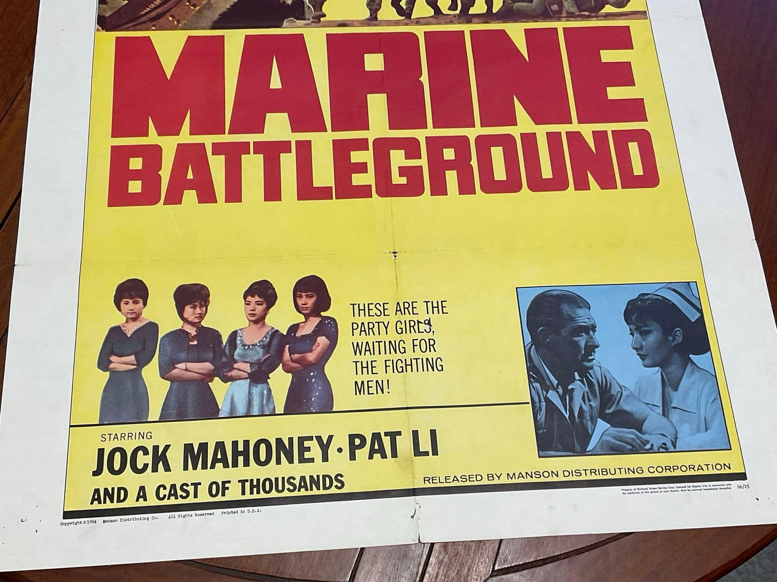 Vintage One Sheet Movie Poster, 1966 Marine Battleground, Soldiers & Red Text on Yellow Background - 3