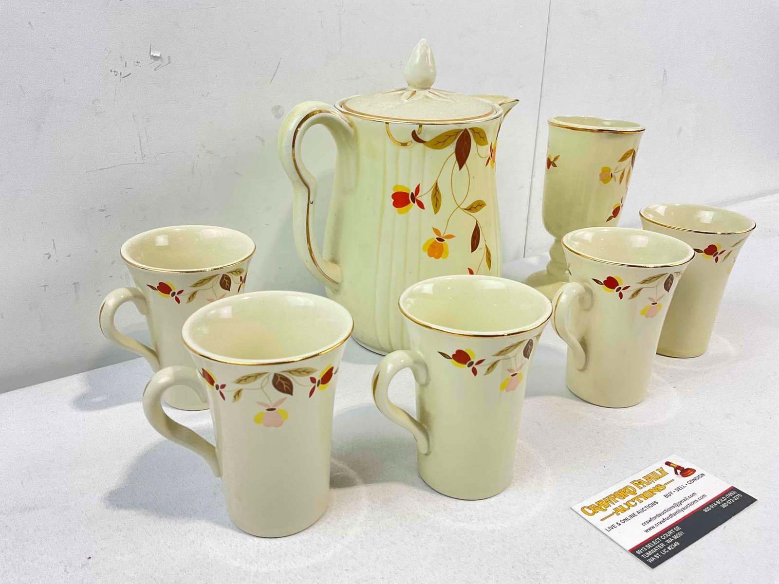 Vintage Hall China Ceramic Coffee Pot & 6 pcs Cups w/ Autumn Leaves Pattern. See pics. - 2