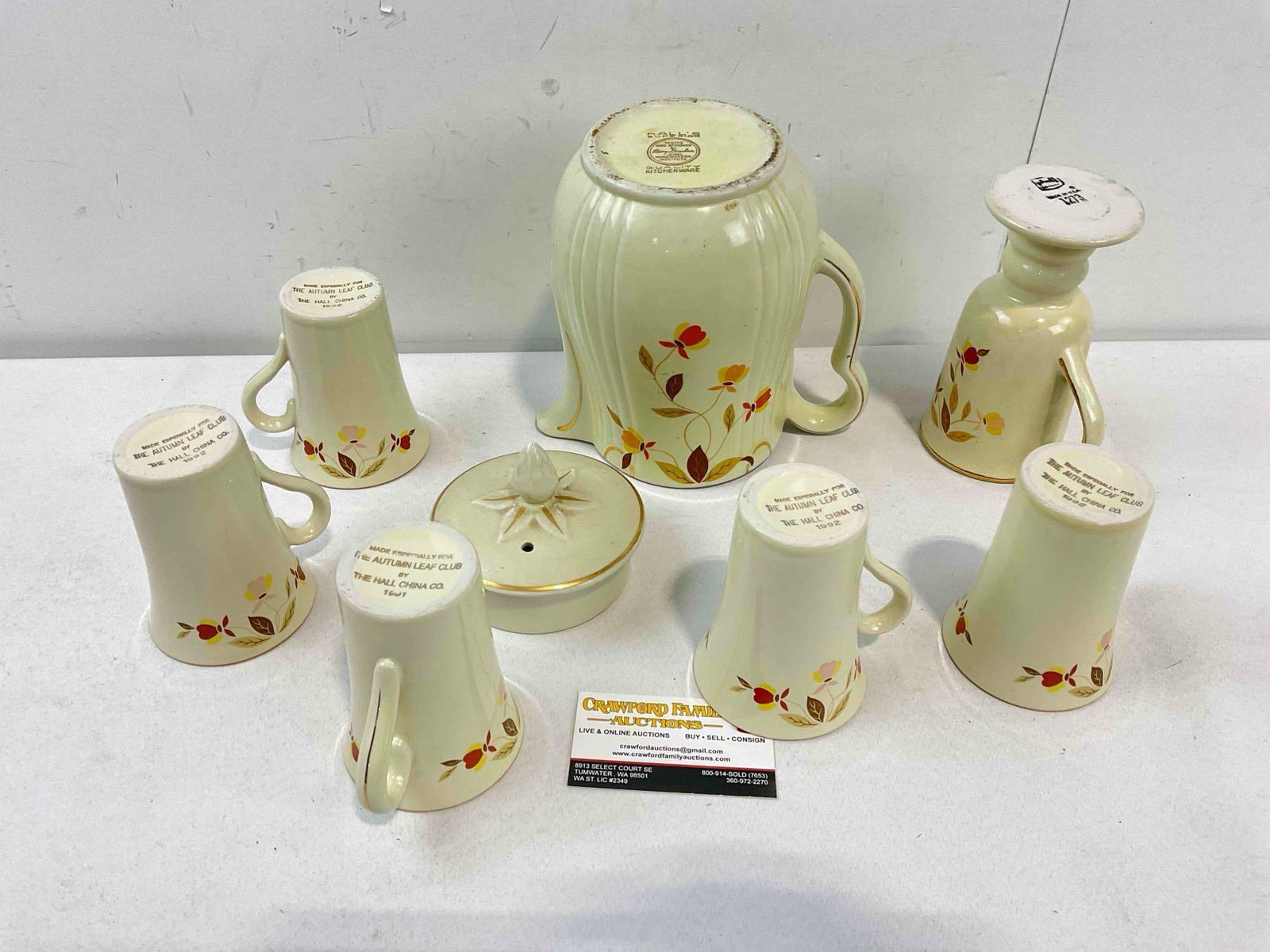 Vintage Hall China Ceramic Coffee Pot & 6 pcs Cups w/ Autumn Leaves Pattern. See pics. - 4