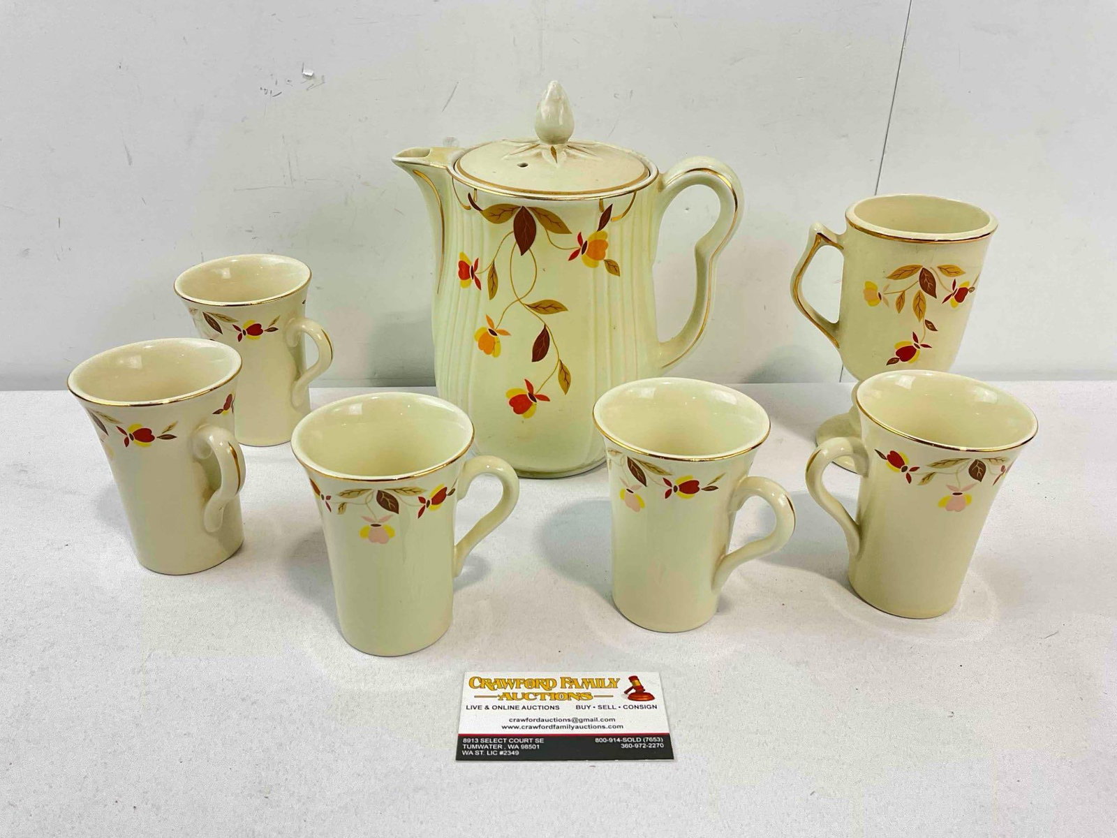 Vintage Hall China Ceramic Coffee Pot & 6 pcs Cups w/ Autumn Leaves Pattern. See pics. - 5