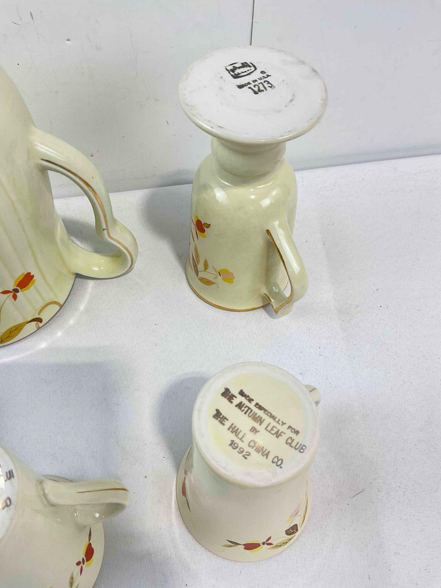 Vintage Hall China Ceramic Coffee Pot & 6 pcs Cups w/ Autumn Leaves Pattern. See pics. - 7