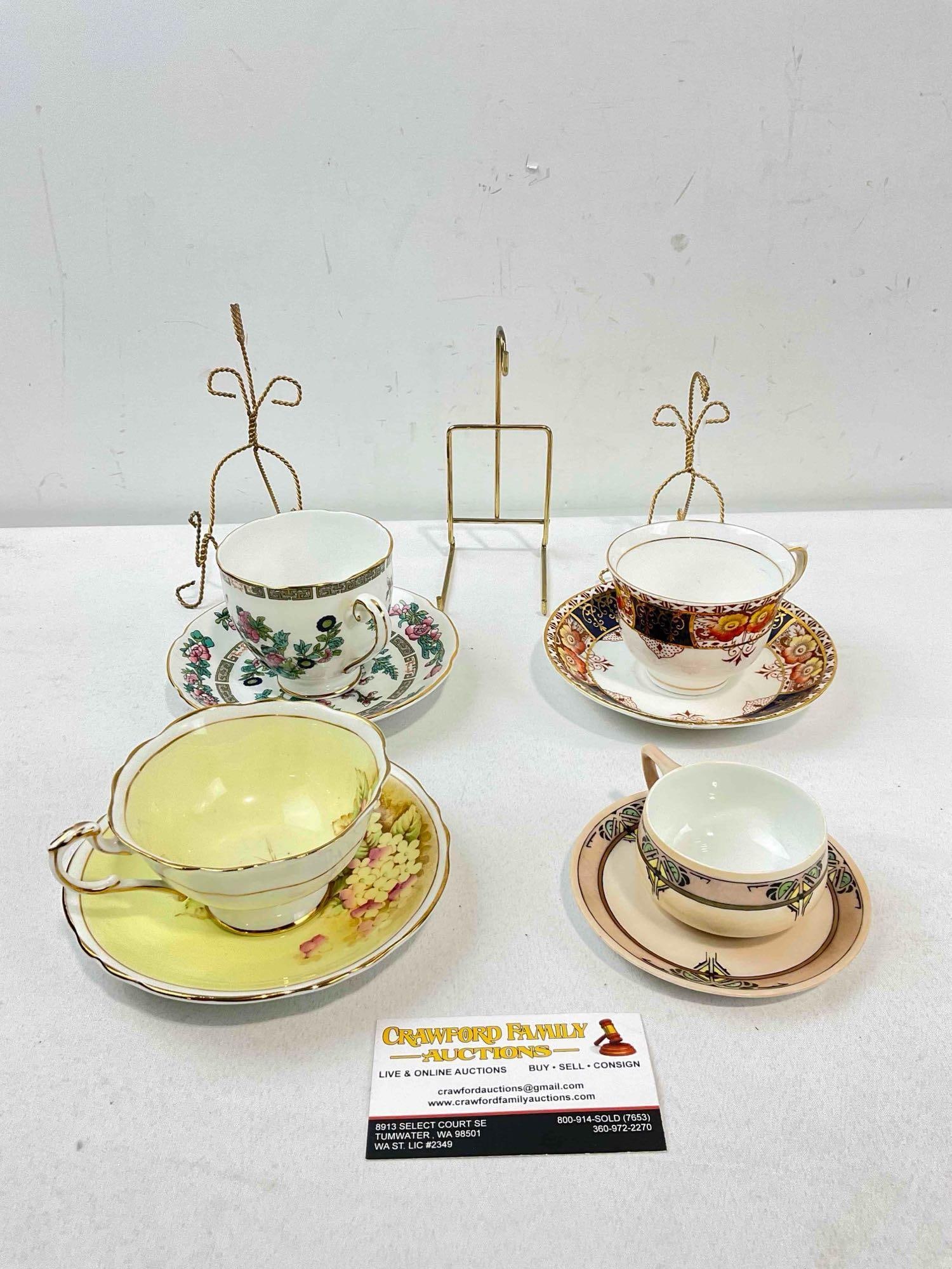 4 pcs Vintage Ceramic Cups & Saucers, incl. Rosenthal & Paragon w/ 3 pcs Wire Frames.: 4 pcs Vintage Ceramic Cups & Saucers, incl. Rosenthal & Paragon w/ 3 pcs Wire Frames. Pieces have wear indicative of age and use, look to pictures for condition. Fits in box measuring 12" x