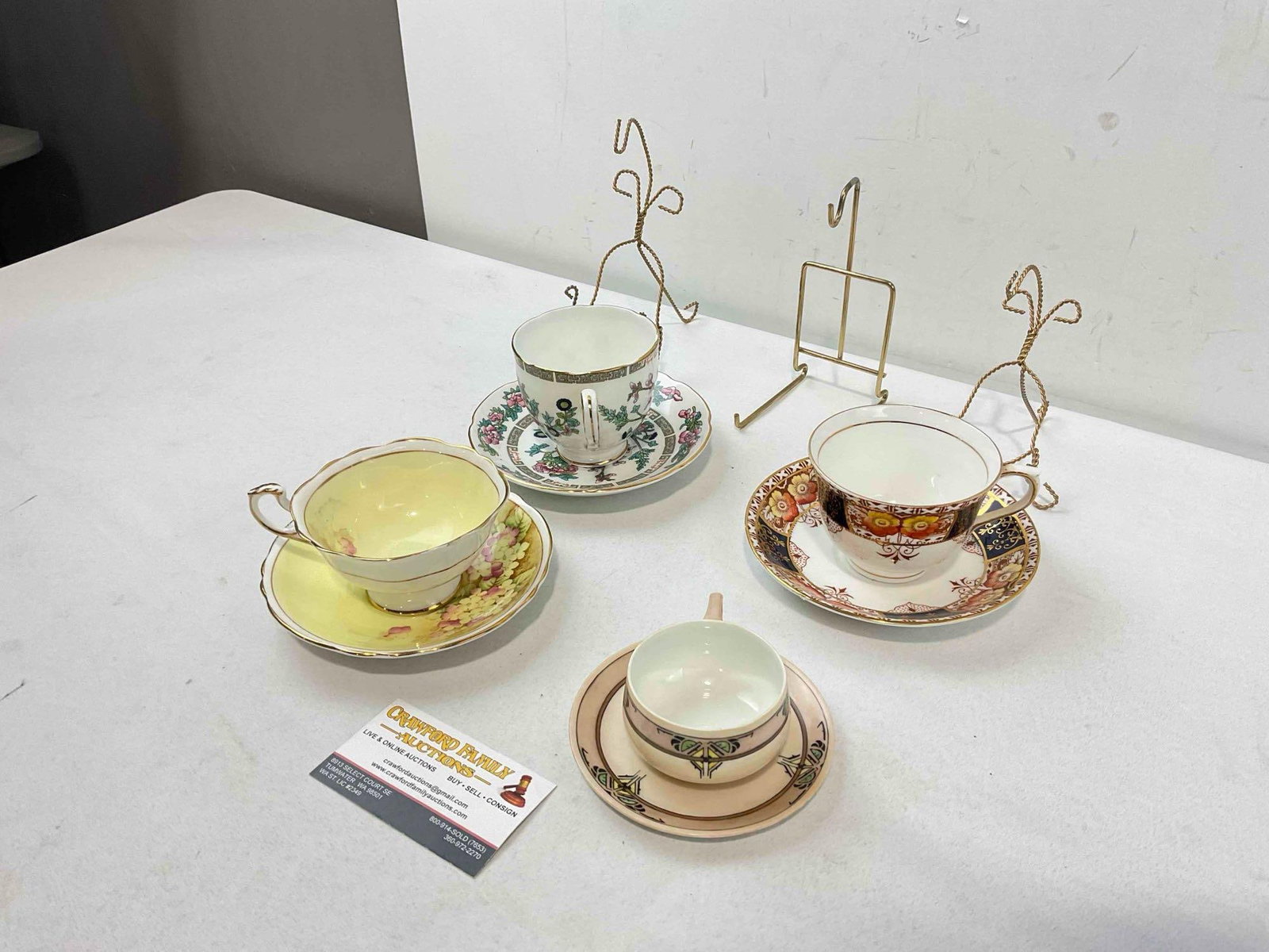 4 pcs Vintage Ceramic Cups & Saucers, incl. Rosenthal & Paragon w/ 3 pcs Wire Frames. - 2