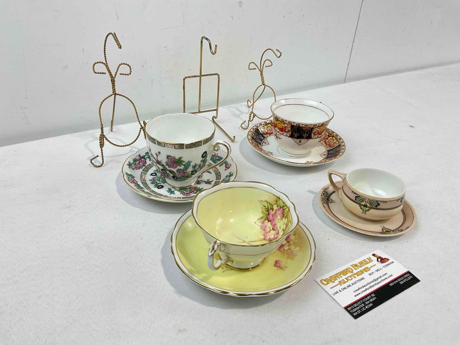 4 pcs Vintage Ceramic Cups & Saucers, incl. Rosenthal & Paragon w/ 3 pcs Wire Frames. - 3