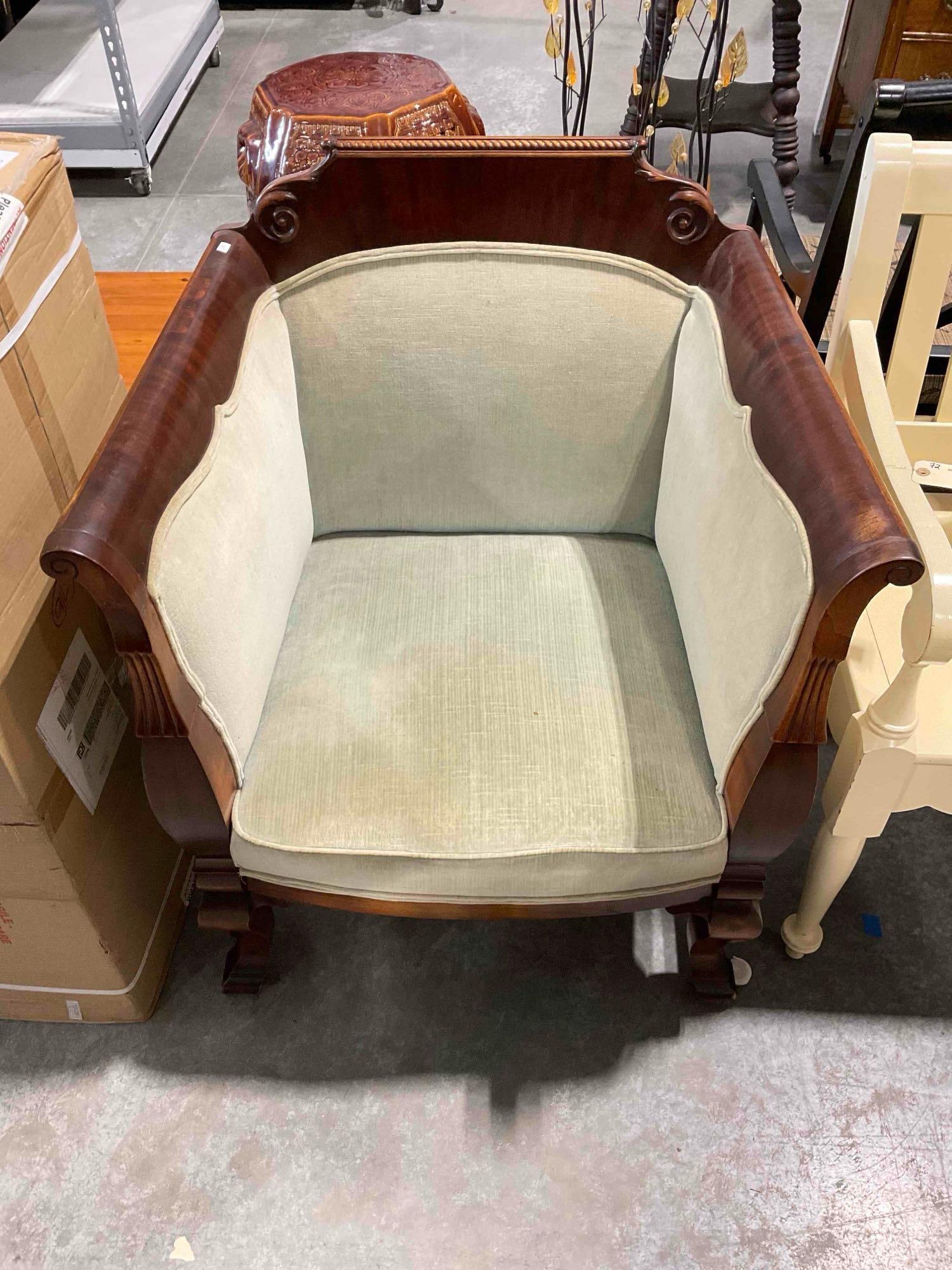 Antique French Empire Style Armchair w/ Carved Mahogany Accents & Sage Green Upholstery. (1 of 6)