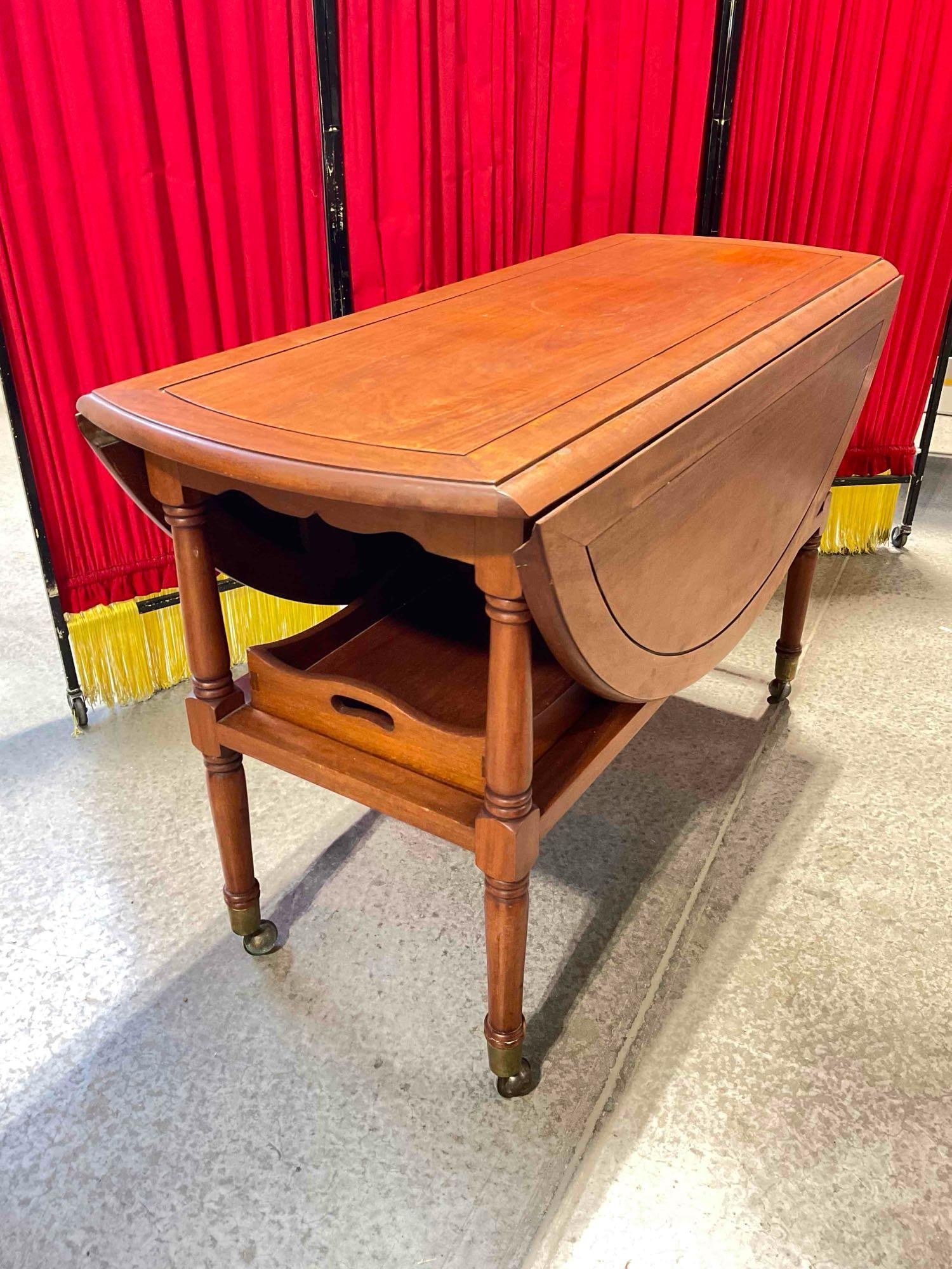 Vintage George Zee & Co. Rosewood? Wood Drop Leaf Table Tea Cart w/ Removable Serving Tray. - 2
