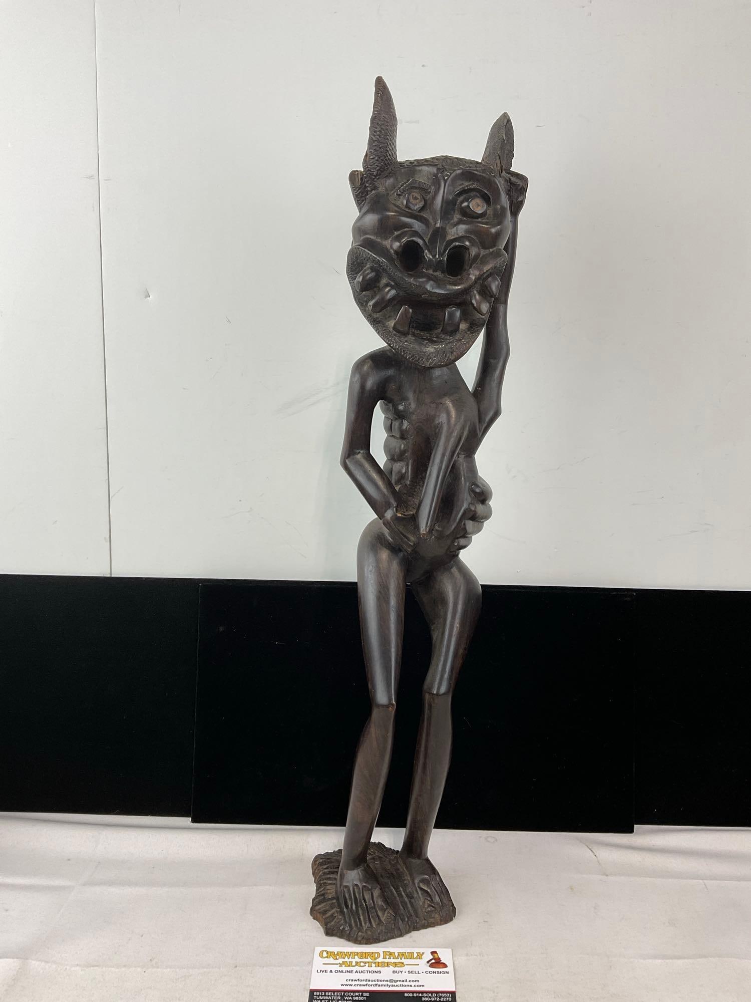 South Eastern African Makonde Shetani Figure, Hand Carved Dark Wood Sculpture, 23x6x5 inches: Appears to be in good shape. The piece measures approx 23h x 6w x 5d inches. See pics. E-6230