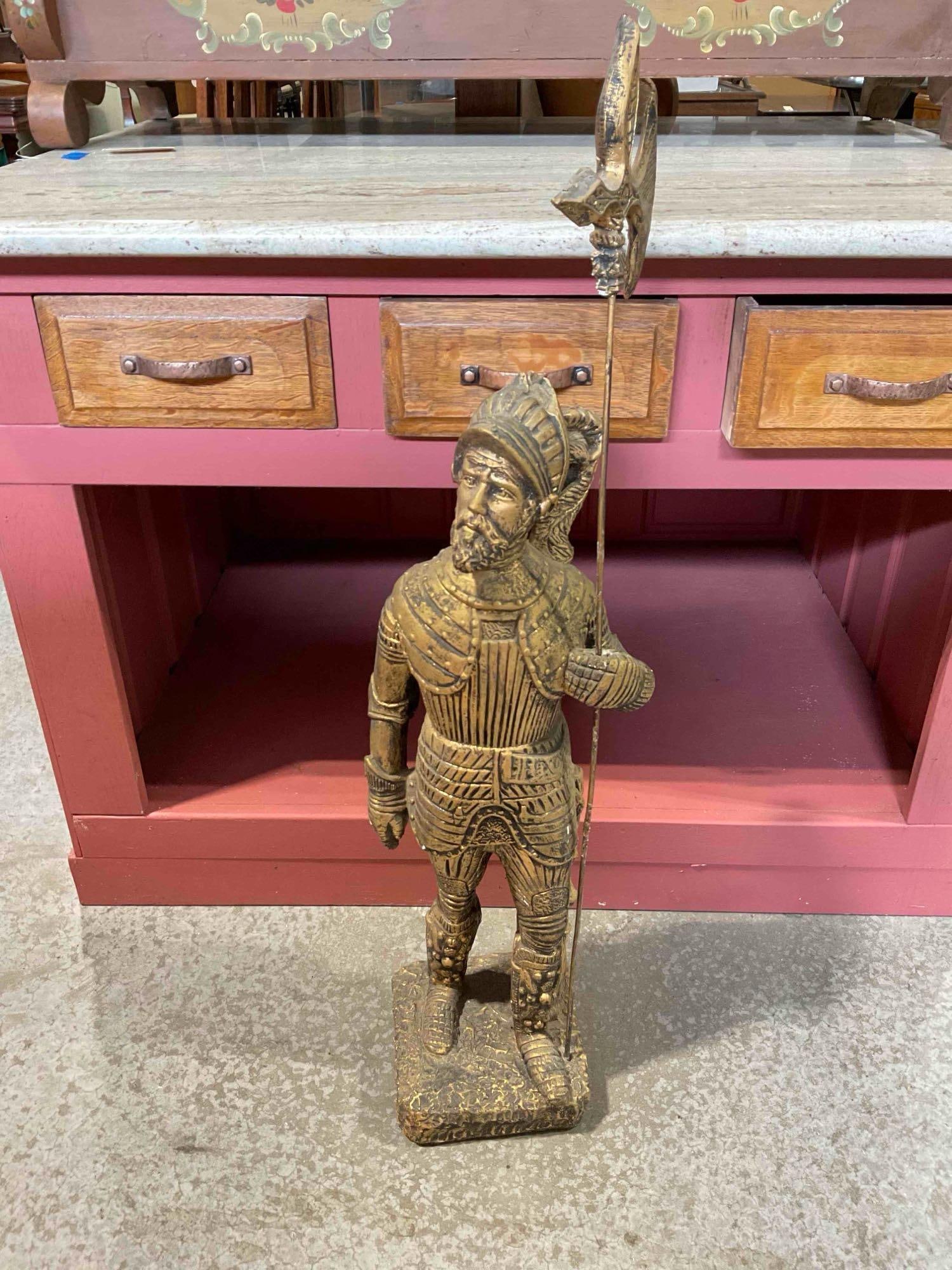 Vintage Bronze Painted Plaster Statue of Spanish Conquistador Guard w/ Halberd. See pics.: *No in-house shipping, fragile* Vintage Bronze Painted Plaster Statue of Spanish Conquistador Guard w/ Halberd. Has a few chips, minor wear indicative of age and use, otherwise looks to be in
