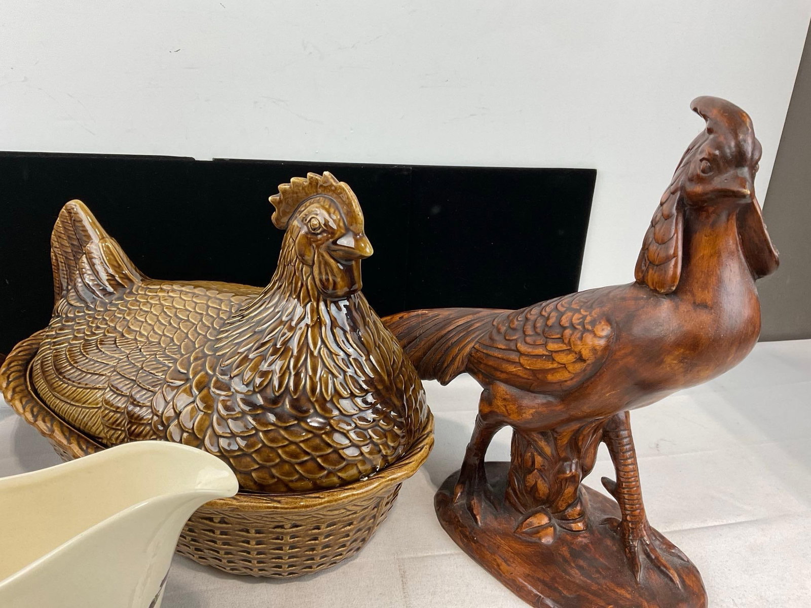 Pair of Ceramic Pheasant Figures, previously repaired, Hen Shaped Lidded Bowl, & Gravy Pitcher - 2