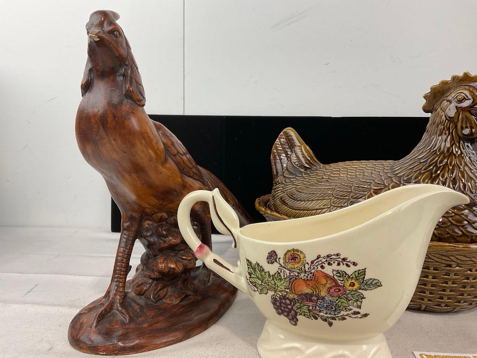 Pair of Ceramic Pheasant Figures, previously repaired, Hen Shaped Lidded Bowl, & Gravy Pitcher - 3