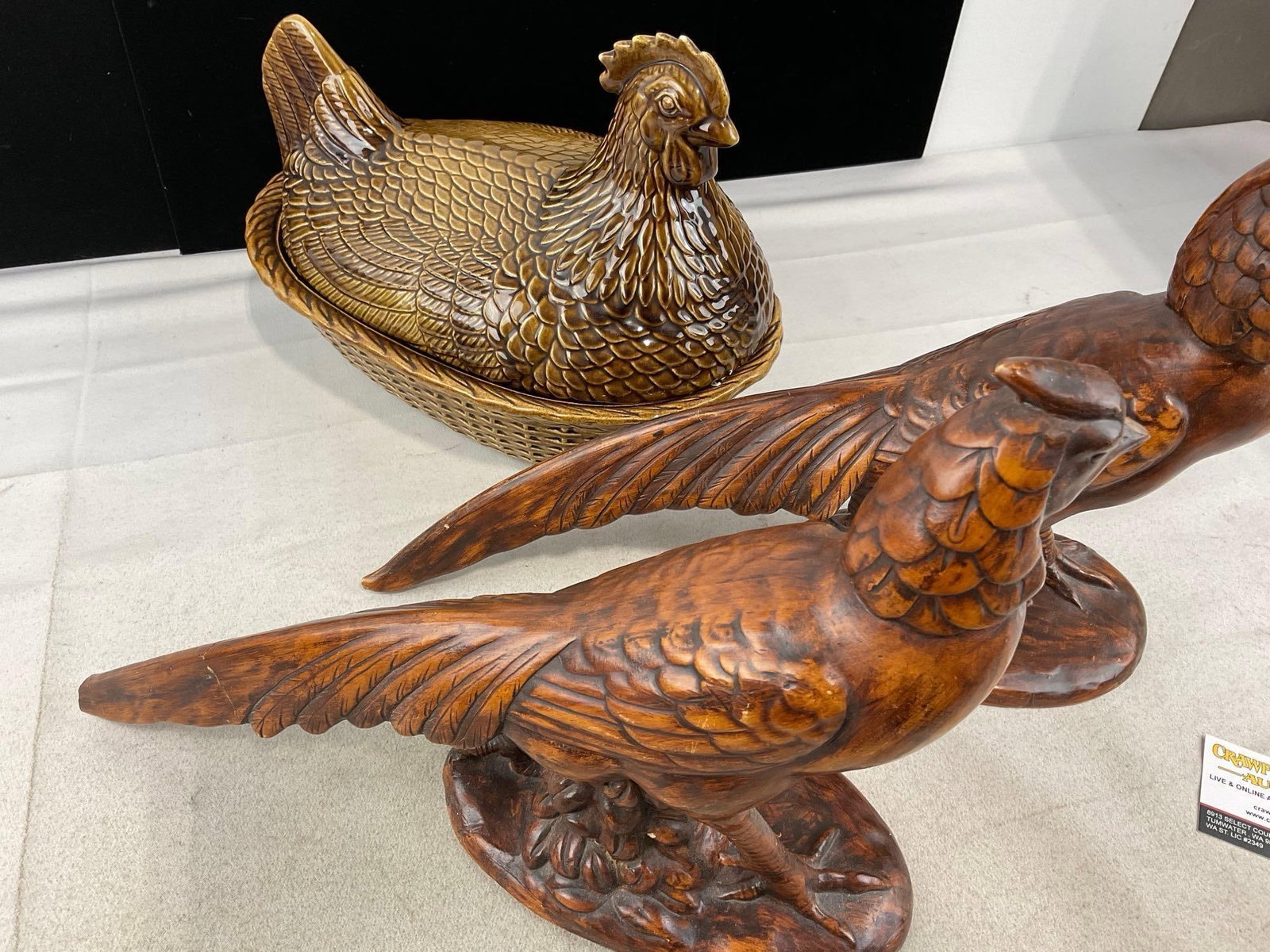 Pair of Ceramic Pheasant Figures, previously repaired, Hen Shaped Lidded Bowl, & Gravy Pitcher - 5