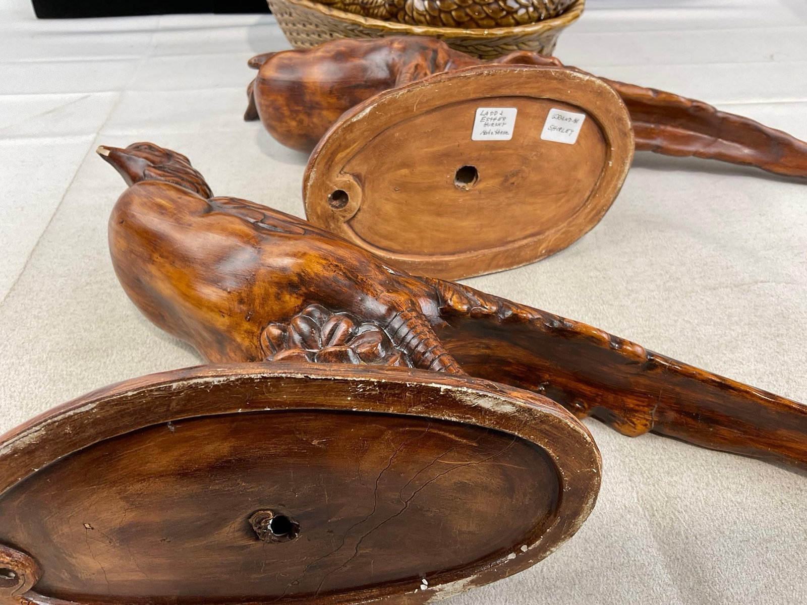 Pair of Ceramic Pheasant Figures, previously repaired, Hen Shaped Lidded Bowl, & Gravy Pitcher - 7