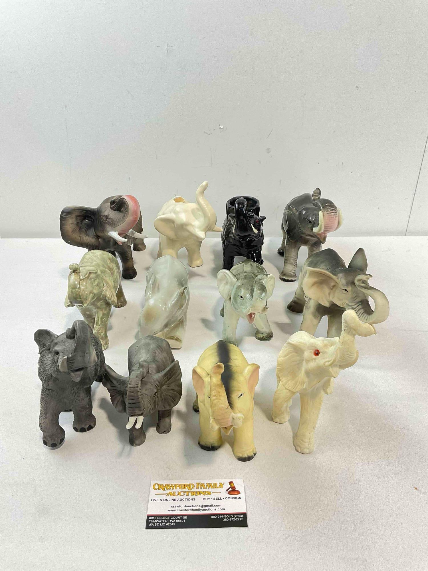 12 pcs Vintage Ceramic Elephant Figurines, incl. Made in Japan & More! Fair Condition. See pics.: 12 pcs Vintage Ceramic Elephant Figurines, incl. Made in Japan & More! Fair Condition. Two have cracks, one has a chipped trunk, minor wear indicative of age and use, otherwise look to be in fair 