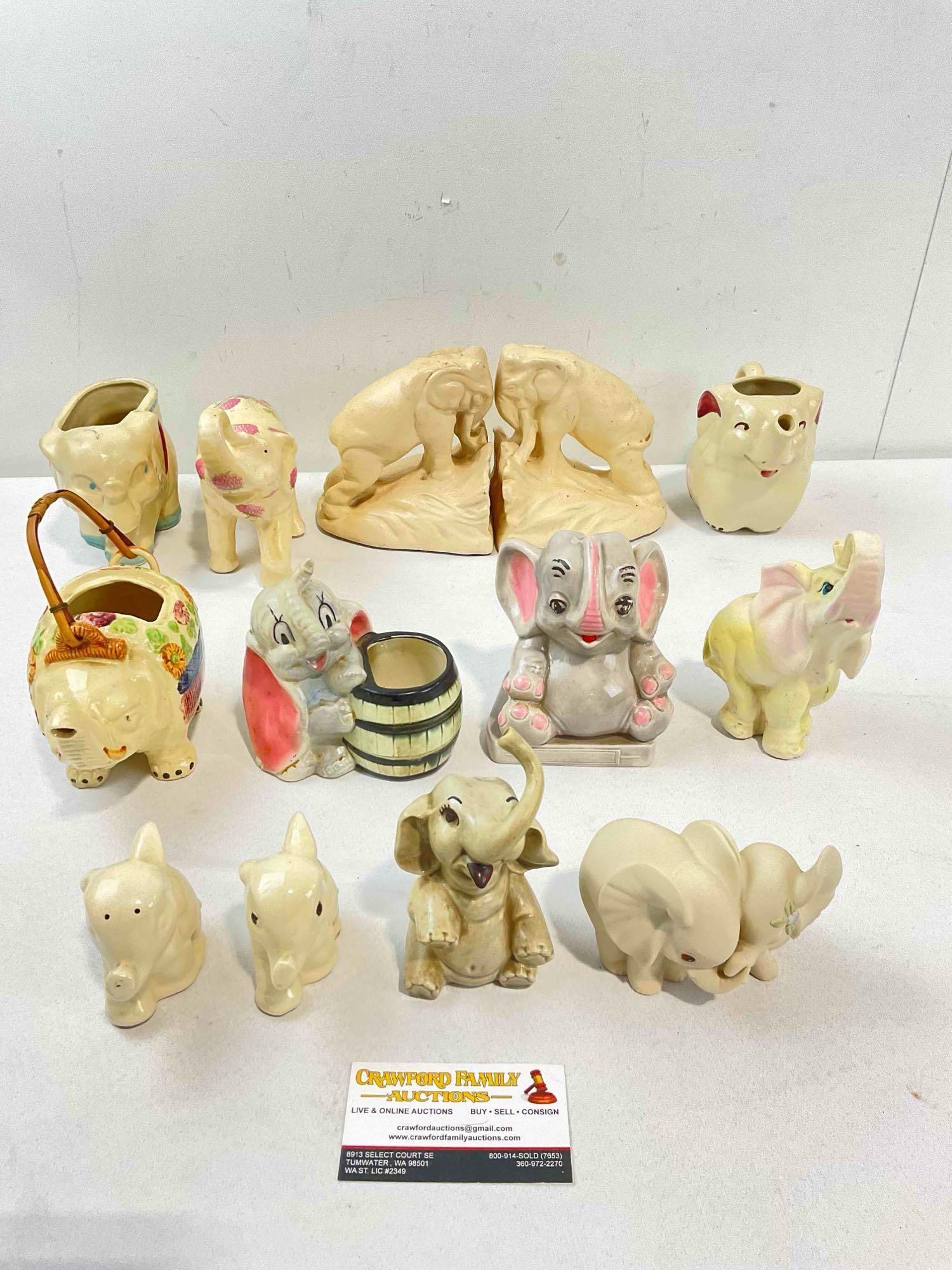 12 pcs Vintage Elephant Figurine Collection, incl. Metal Bookends, Ceramic Planter & More!: 12 pcs Vintage Elephant Figurine Collection, incl. Metal Bookends, Ceramic Planter & More! Minor wear indicative of age and use, one teapot is cracked and missing a lid, otherwise looks to be in g