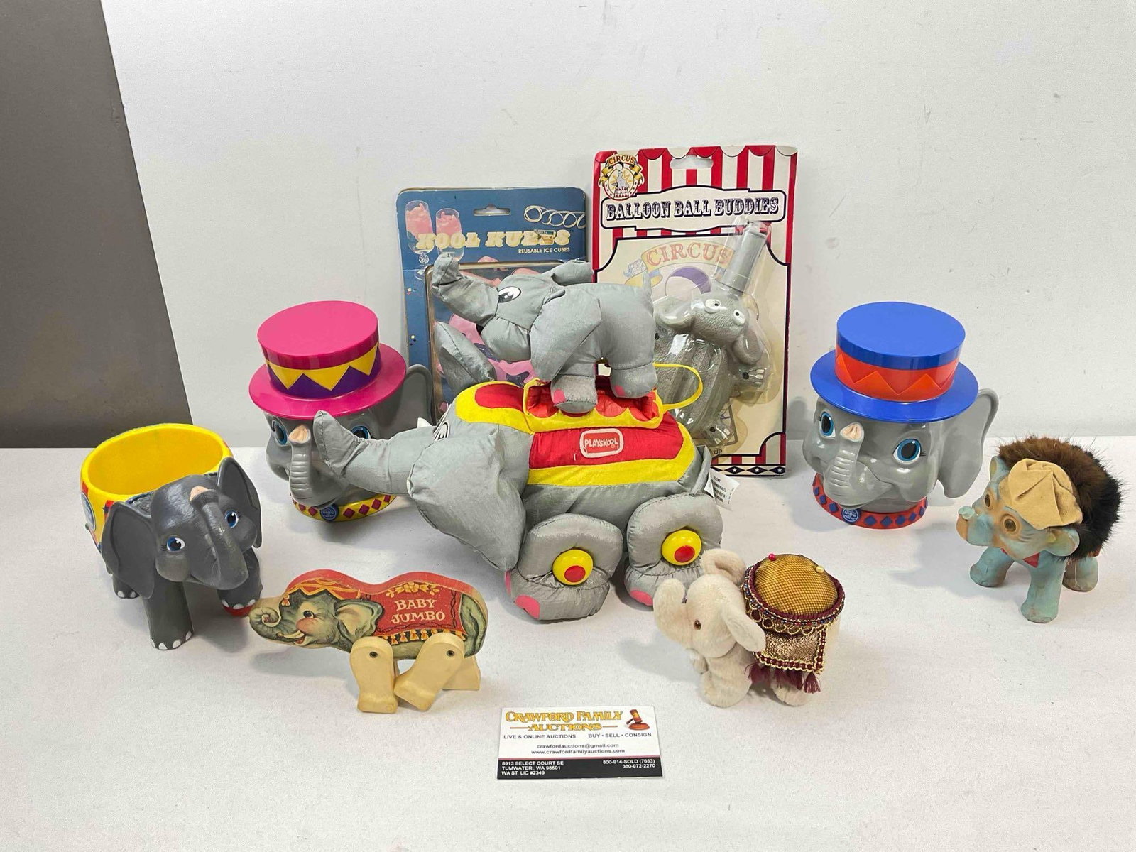 9 pcs Vintage Elephant Toy Collection, incl. Playskool Plush Toy, Composite Baby Jumbo & More!: 9 pcs Vintage Elephant Toy Collection, incl. Playskool Plush Toy, Composite Baby Jumbo & More! Minor wear indicative of age and use, otherwise look to be in fair condition. Fits in a box measuring