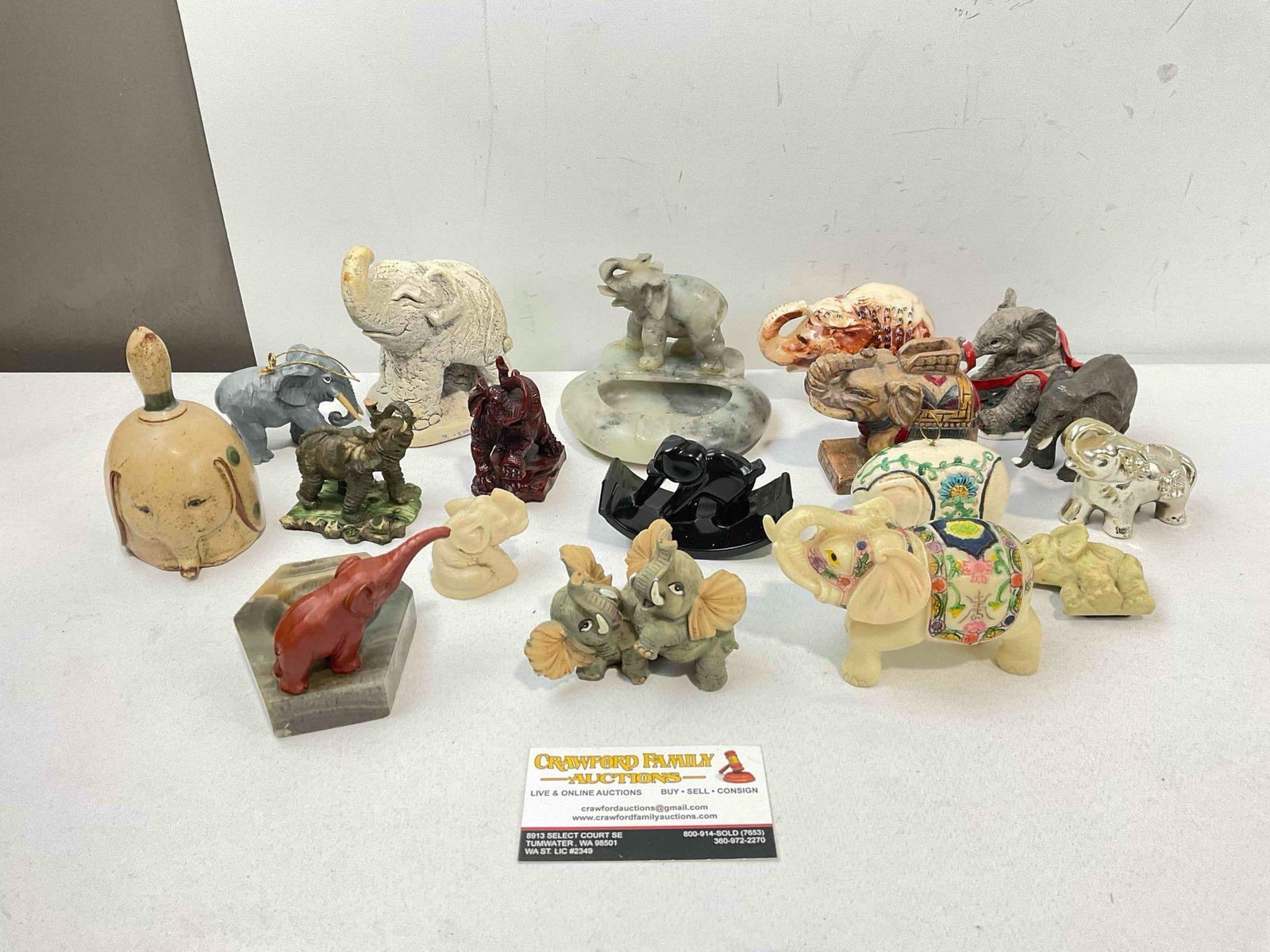 18 pcs Vintage Elephant Figurine Collection, incl. Ceramic, Carved Stone, Composite & More!: 18 pcs Vintage Elephant Figurine Collection, incl. Ceramic, Carved Stone, Composite & More! Minor wear indicative of age and use, otherwise look to be in fair condition. Fits in a box measuring 12