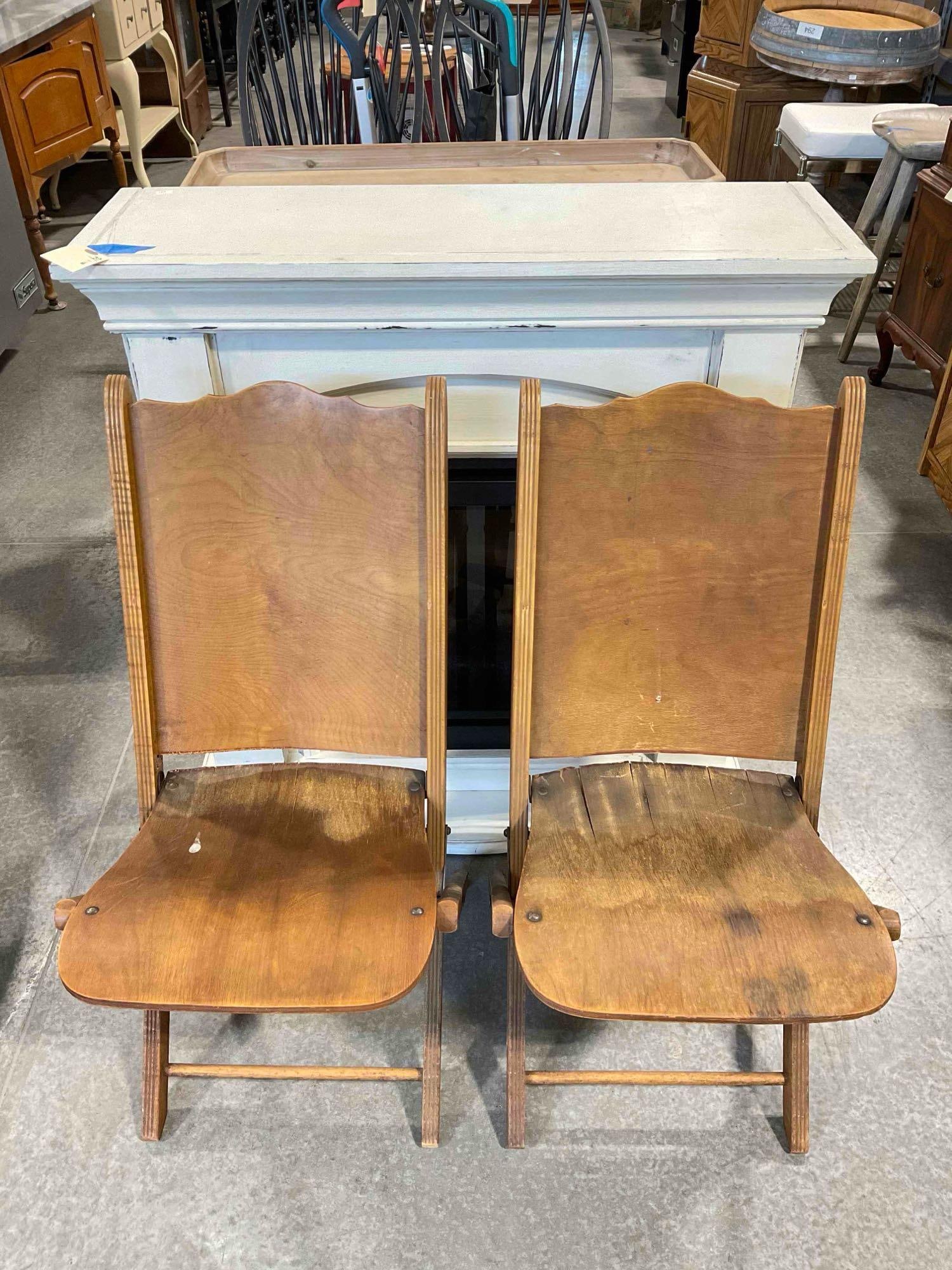 Pair of Vintage Maple Veneer Folding Chairs from the Woman's Club of Olympia. As Is Condition.: Pair of Vintage Maple Veneer Folding Chairs from the Woman's Club of Olympia. As Is Condition. Pieces have wear indicative of age, look to have been kerosene treated?, have some splits and missing