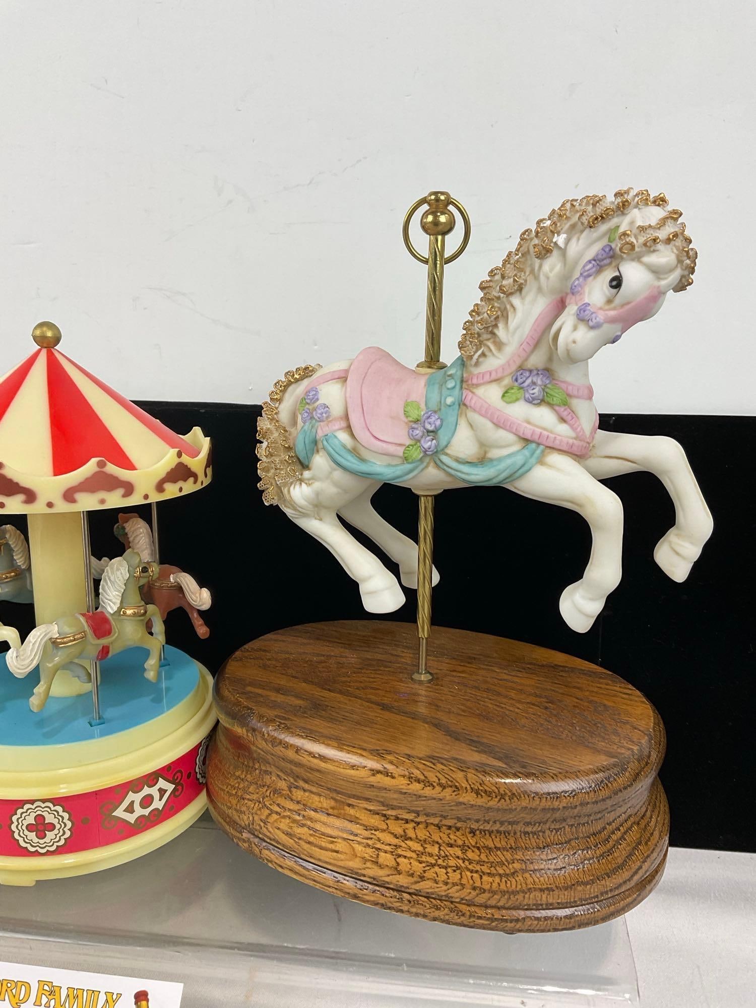 3 Music Boxes, Plastic Carousel, 2x Porcelain, Bradley Import Carousel Horse & Lego Taiwan Seesaw - 3