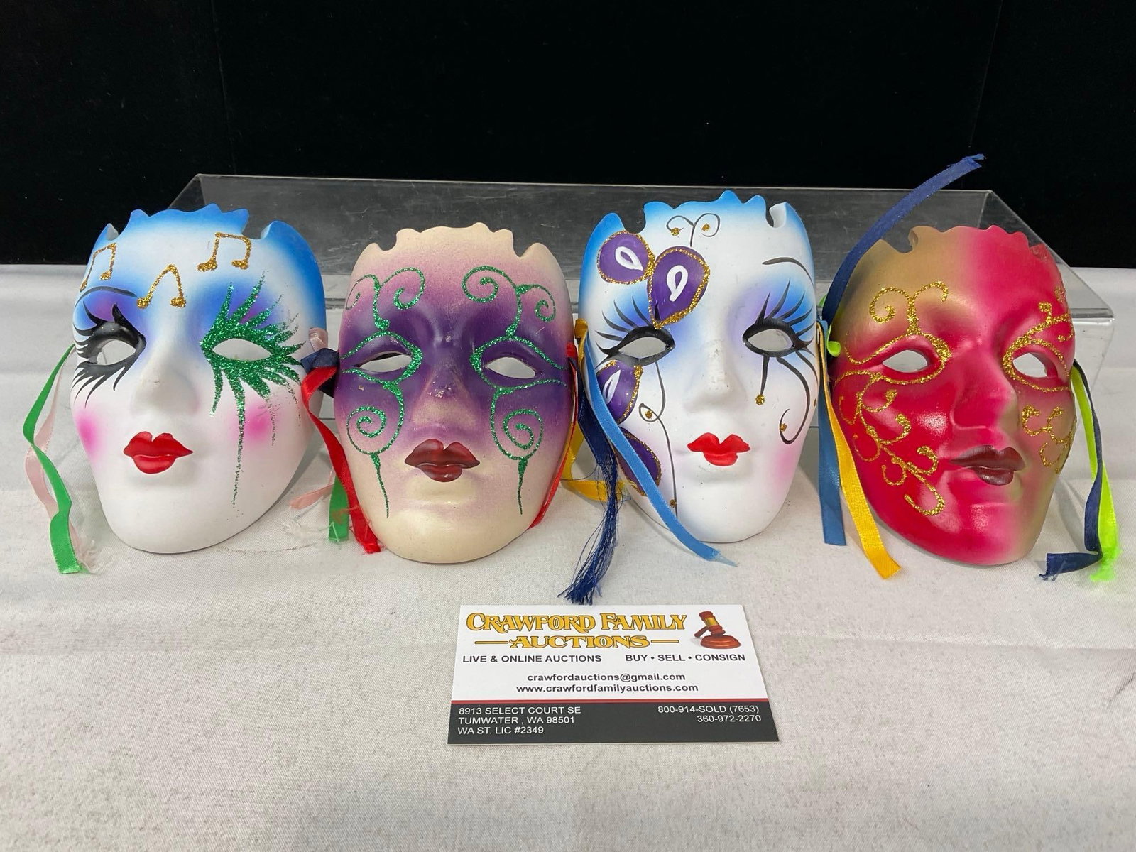 4 Handpainted Mardi Gras Ceramic Masks, Colorful 5x4 inch pieces: Appears to be in good shape. The piece measures approx 5h x 14w x 10d inches. See pics. E-6150