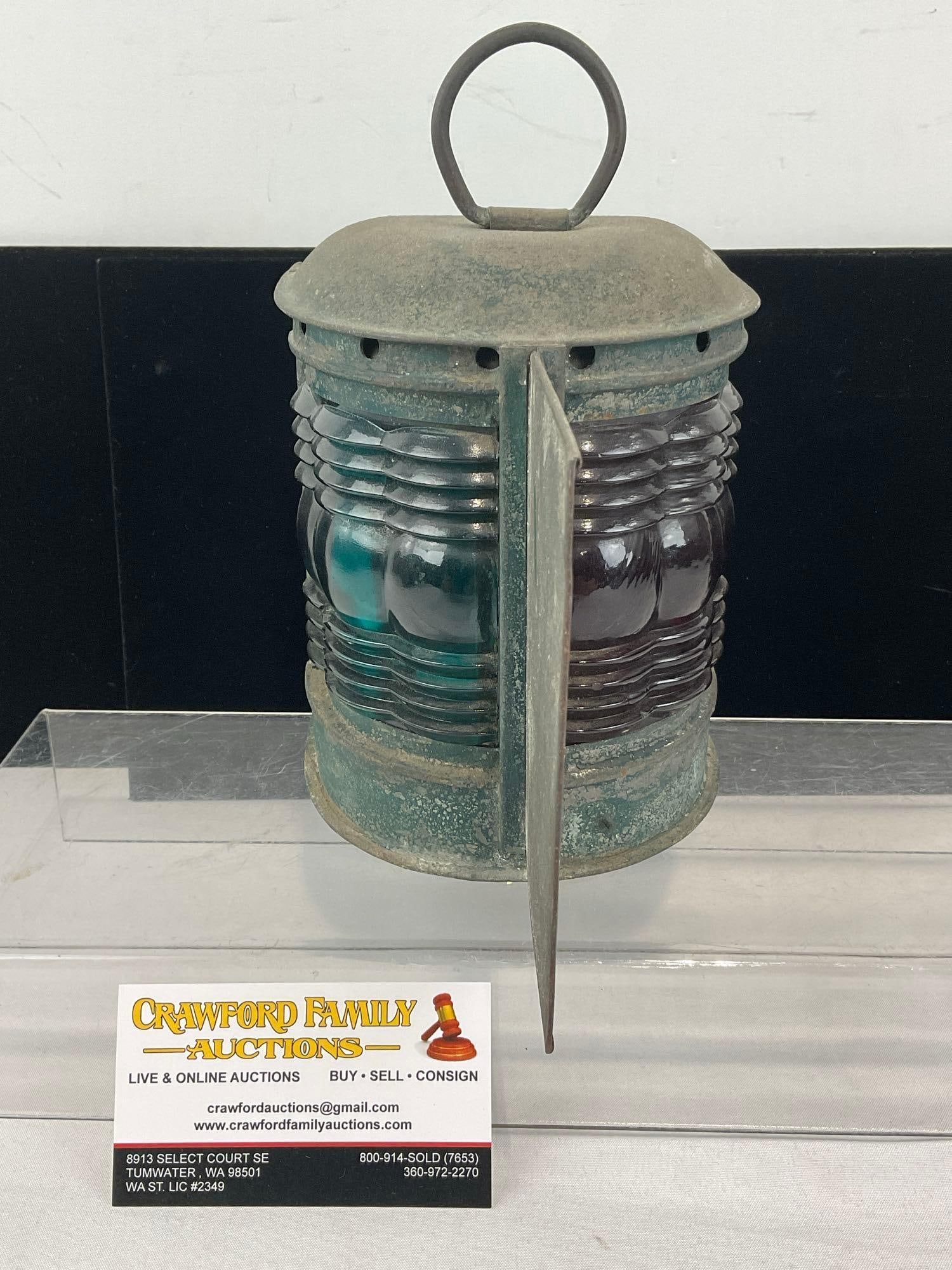Antique Marine Hurricane Tested Navigation Lantern Blue/Red Divided, w/burner: Has a bronze badge on the back near the bracket that says Hurricane Tested Marine Lights Wilcox-Crittenden & Co. INC, Middletown, Conn, USA. Lost finish across the whole thing, adds some character