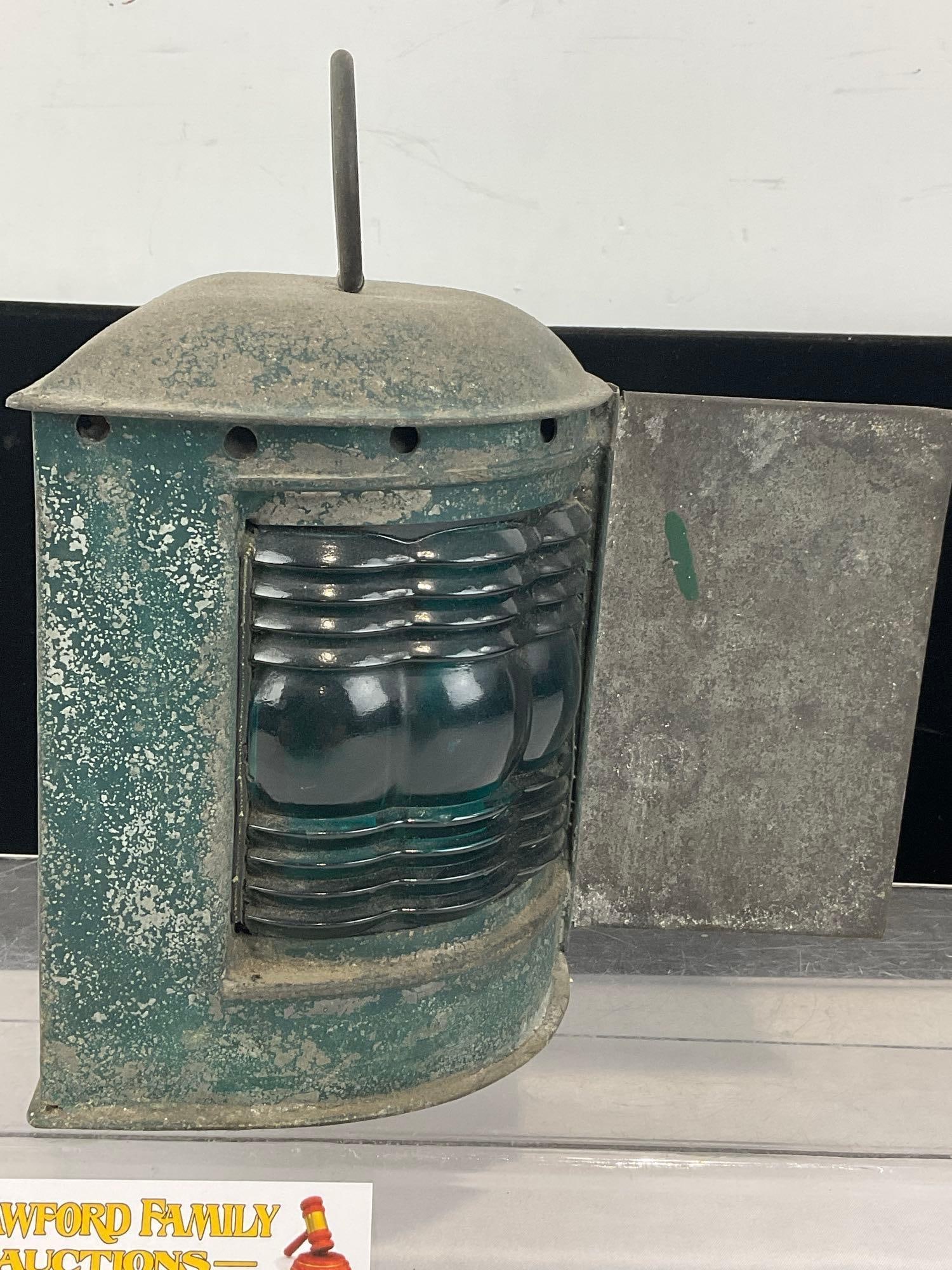 Antique Marine Hurricane Tested Navigation Lantern Blue/Red Divided, w/burner - 2