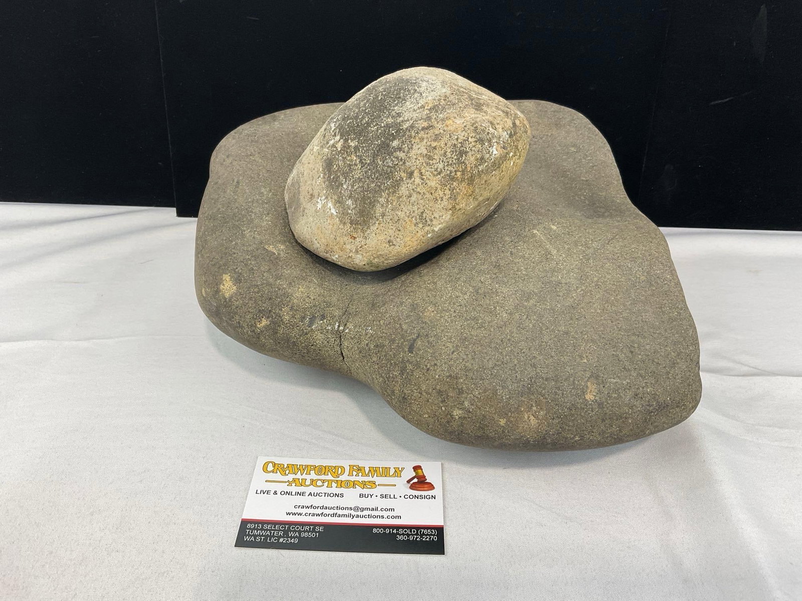 Primitive Mortar & Pestle, 27.5 lbs, 7h x 12w x 12d inches: 27.5 lbs. The larger rock (the mortar) vaguely square shaped, has a 4 x 4 inch depression, made by grinding rock against rock. Has a fracture or crack down the side. See pics for condition. Measures a