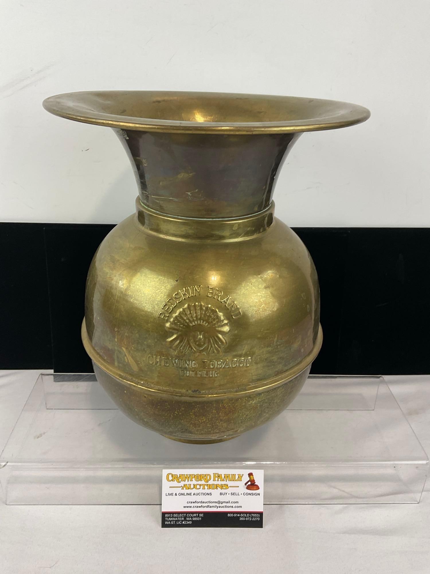 Vintage Brass Spittoon, Redskin Brand Chewing Tobacco Cut Plug, Embossed design, 12x10x10 inches: Shows some scratches and more wear. See pics for condition. Measures approx 12h x 10w x 10d inches. E-6420