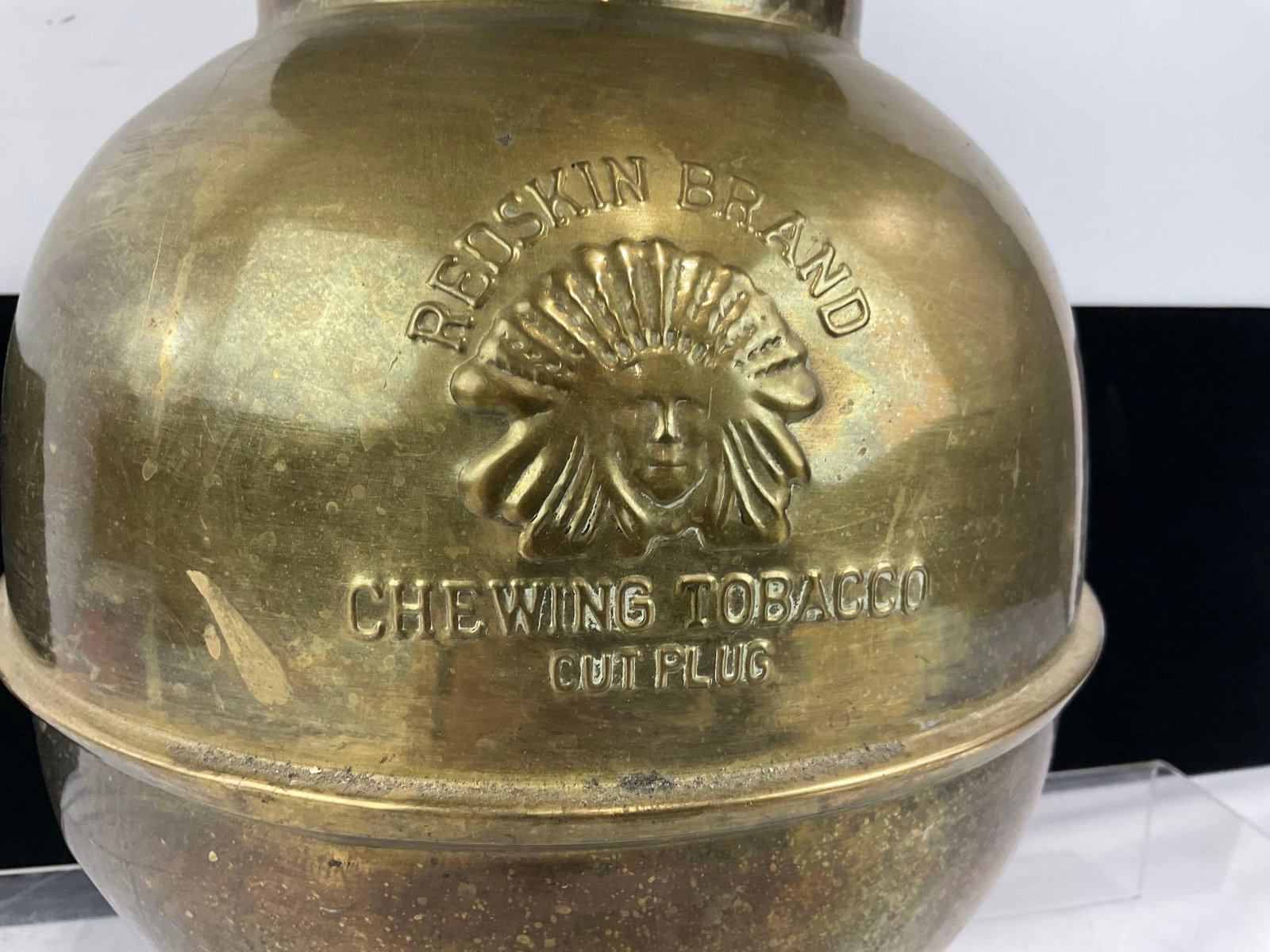 Vintage Brass Spittoon, Redskin Brand Chewing Tobacco Cut Plug, Embossed design, 12x10x10 inches - 2