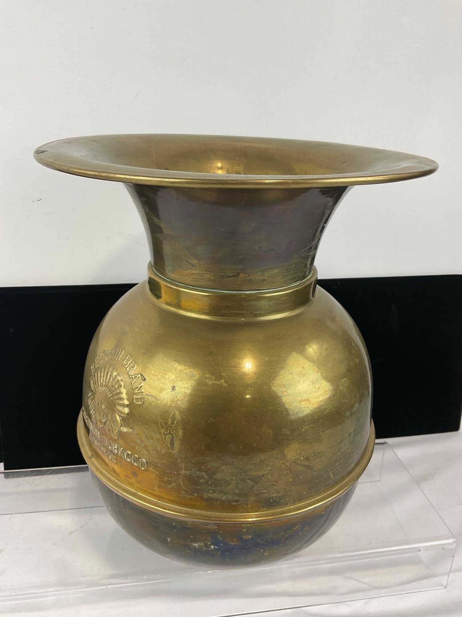 Vintage Brass Spittoon, Redskin Brand Chewing Tobacco Cut Plug, Embossed design, 12x10x10 inches - 4