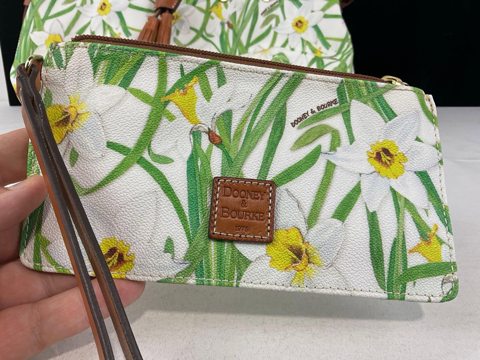Dooney & Bourke Drawstring Tote & Wristlet Daffodil Pattern w/White Background & Tan Leather - 2